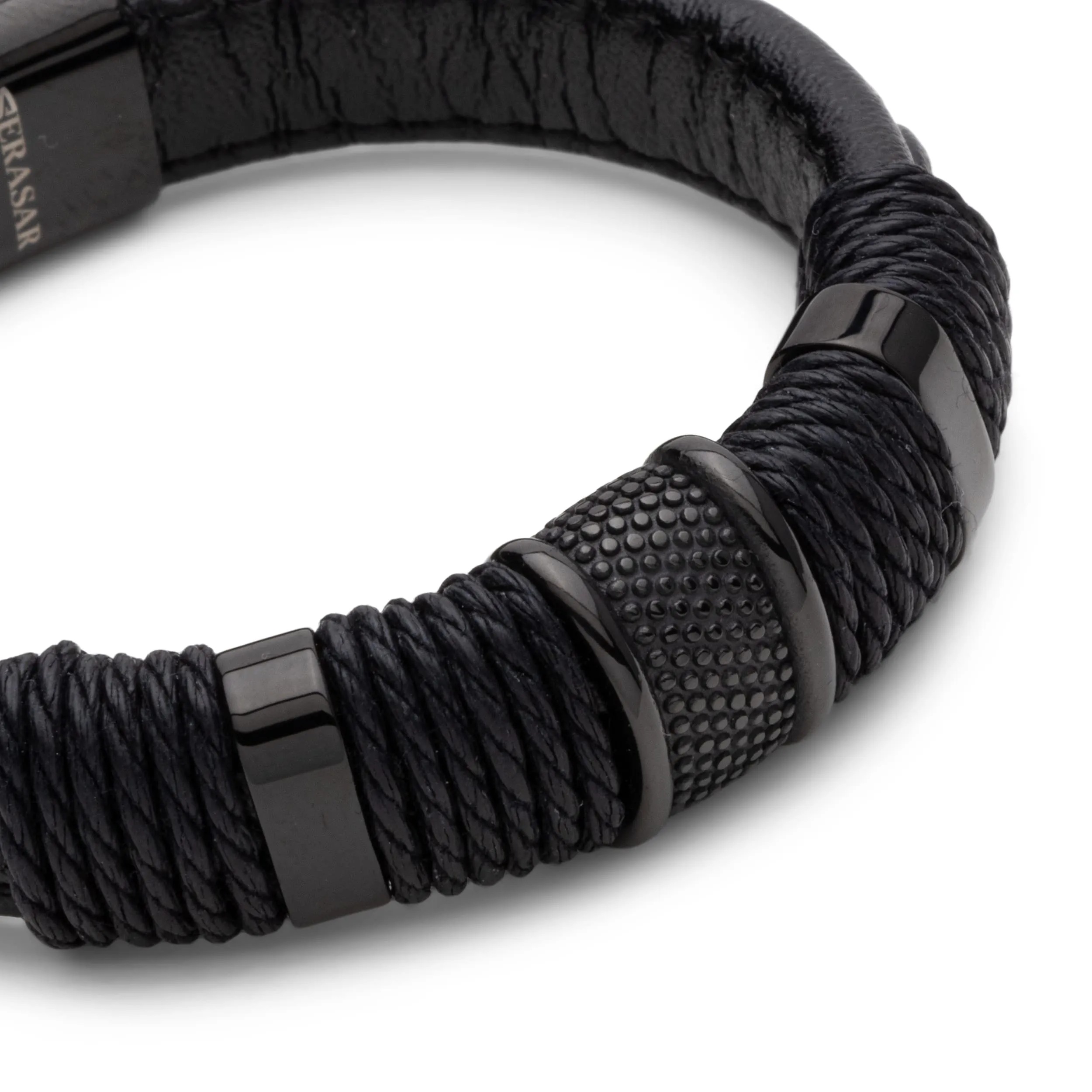 SERASAR Bracciale Uomo in Pelle Nera e Acciaio Inossidabile, 23cm - immagine 8