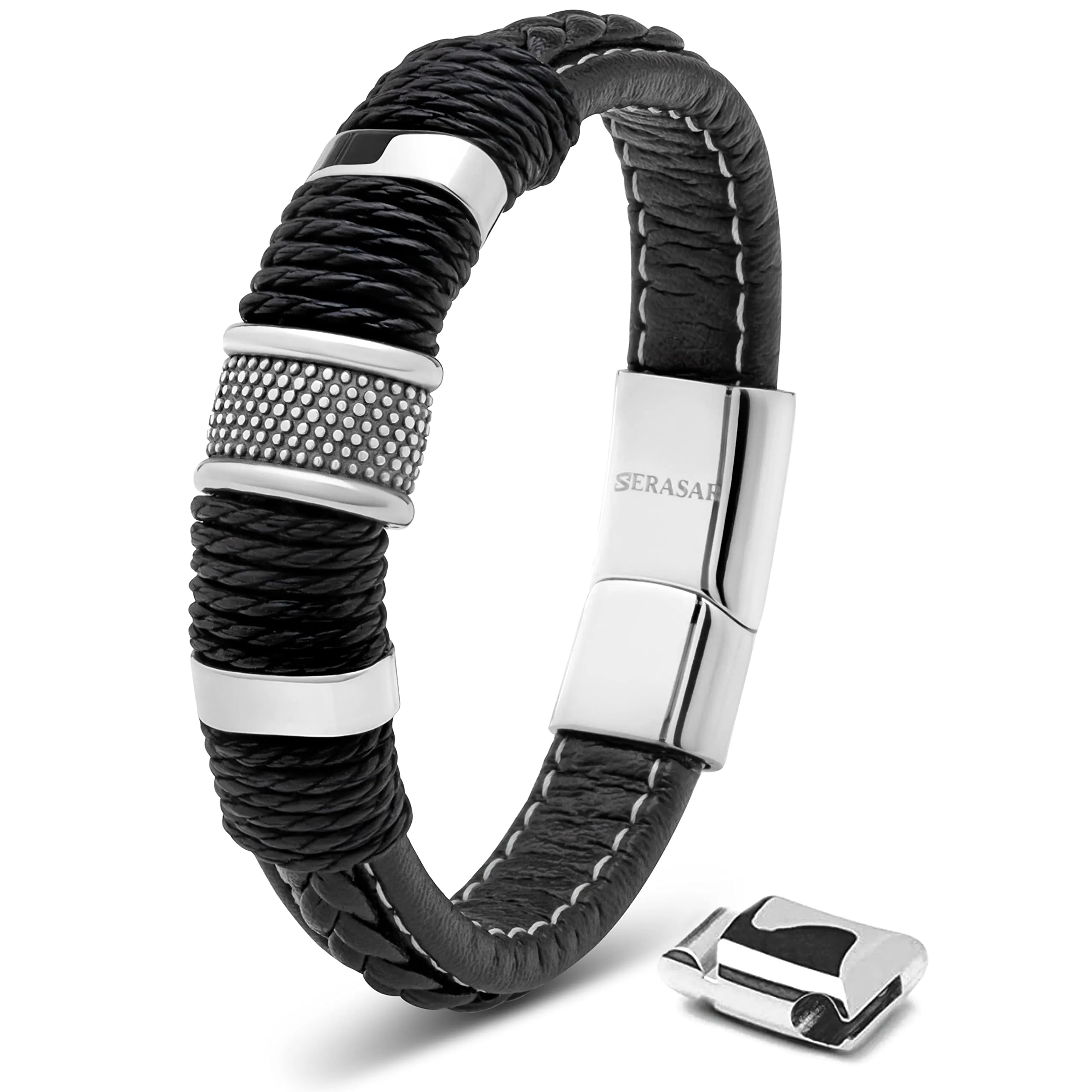 SERASAR Bracciale Uomo in Pelle Nera, 23cm - immagine 1
