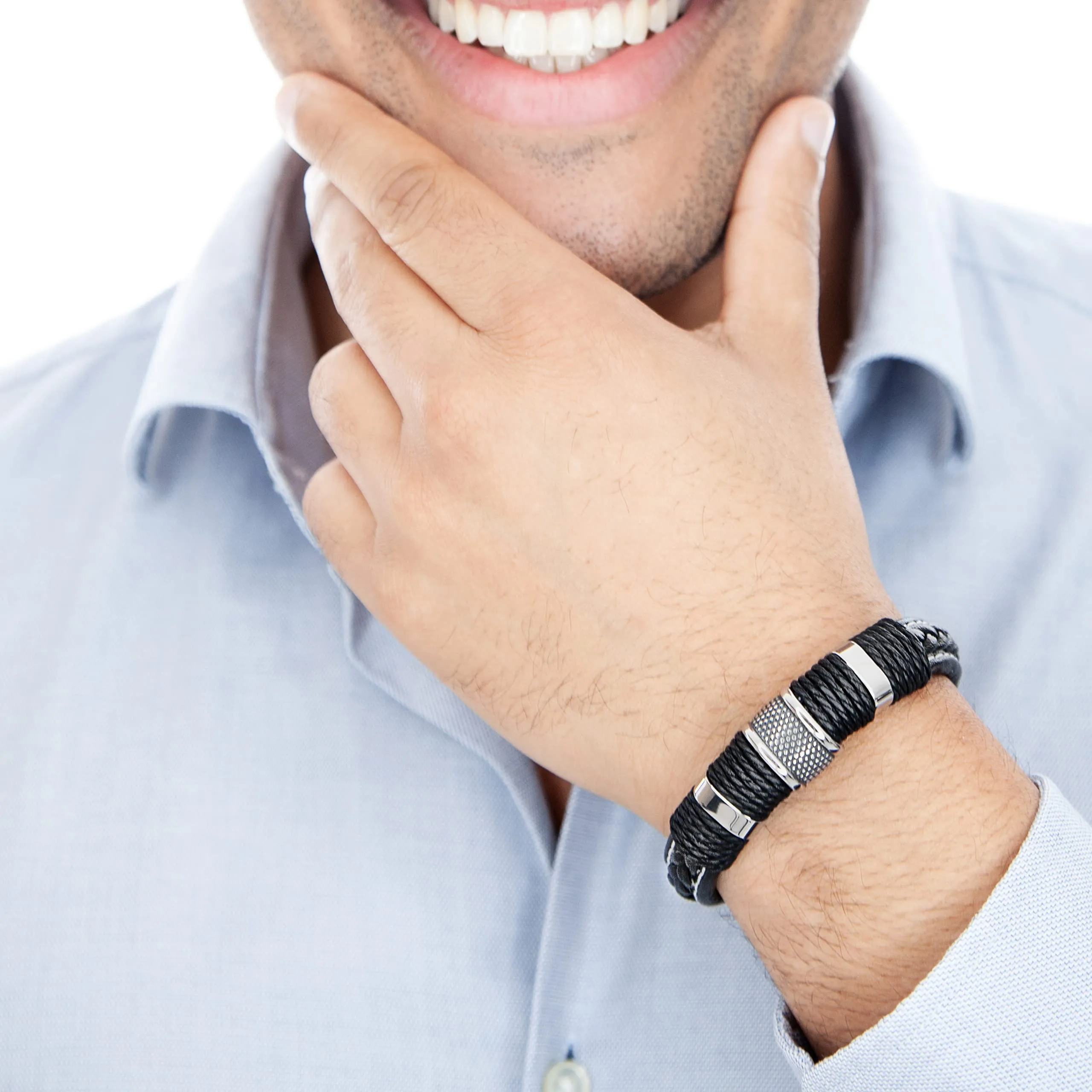 SERASAR Bracciale Uomo in Pelle Nera, 23cm - immagine 4