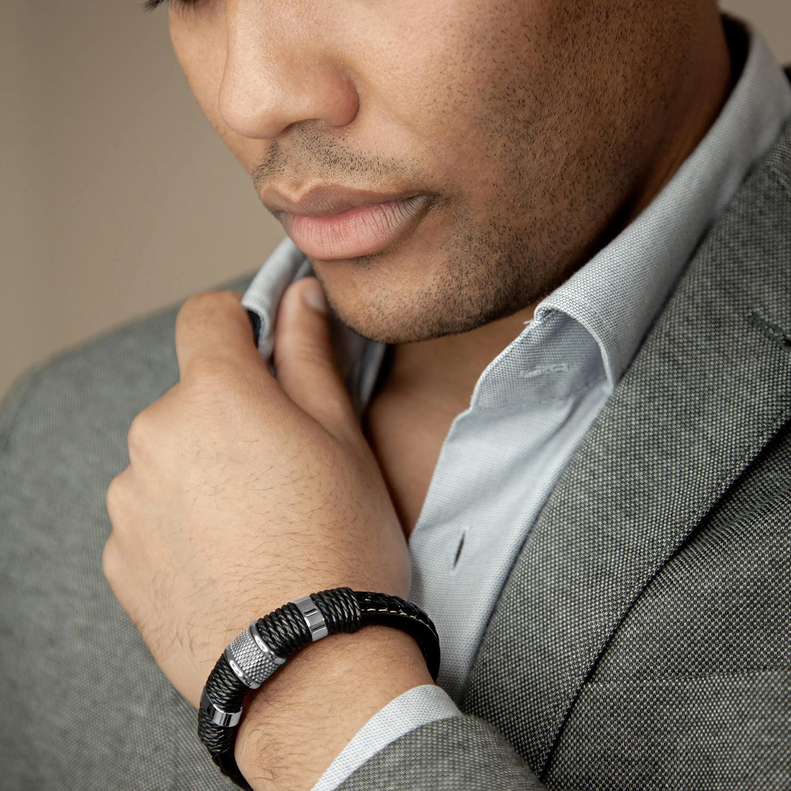 SERASAR Bracciale Uomo in Pelle Nera, 23cm - immagine 5