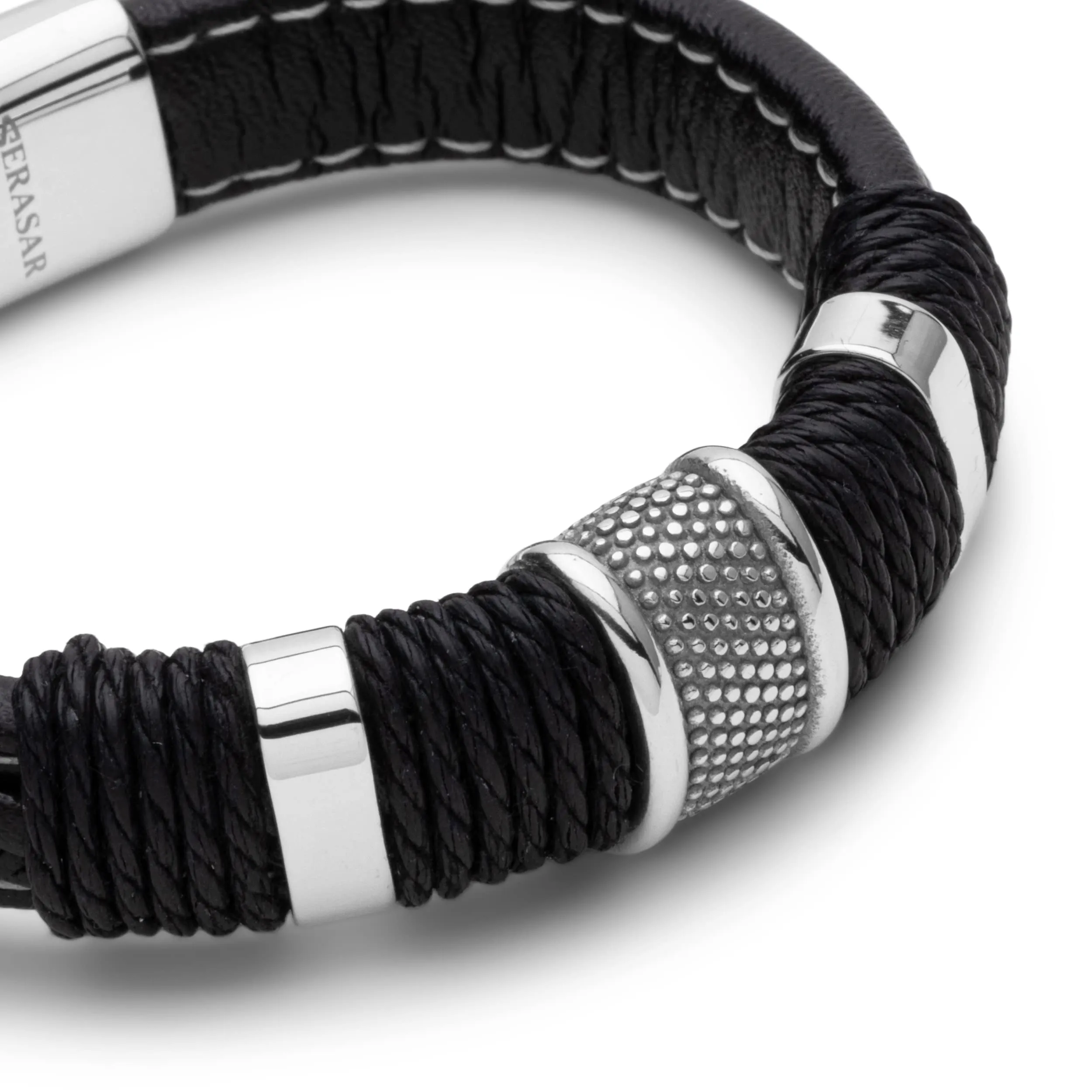 SERASAR Bracciale Uomo in Pelle Nera, 23cm - immagine 8
