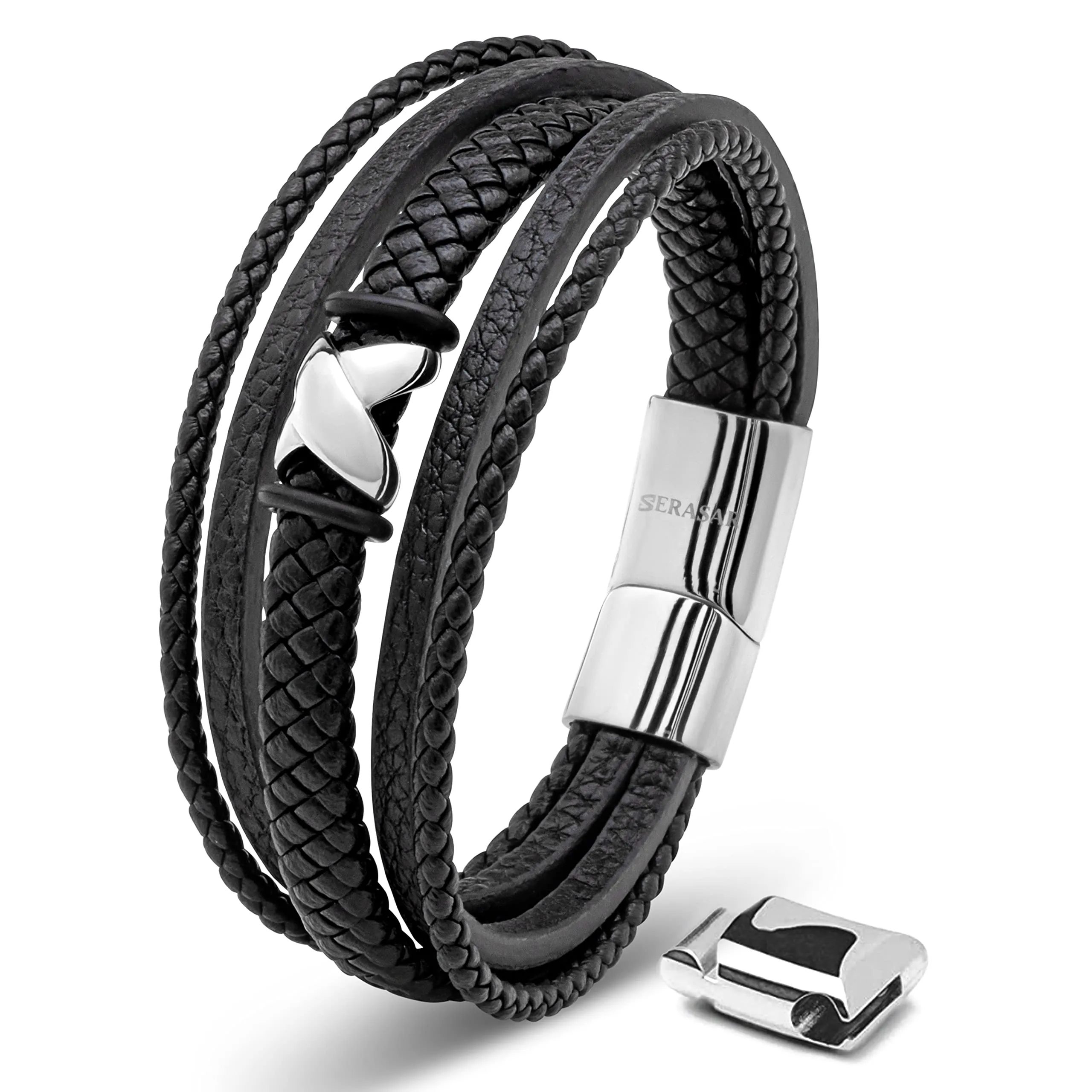 SERASAR Bracciale Uomo in Pelle Nera e Acciaio Argento, 20cm - immagine 1