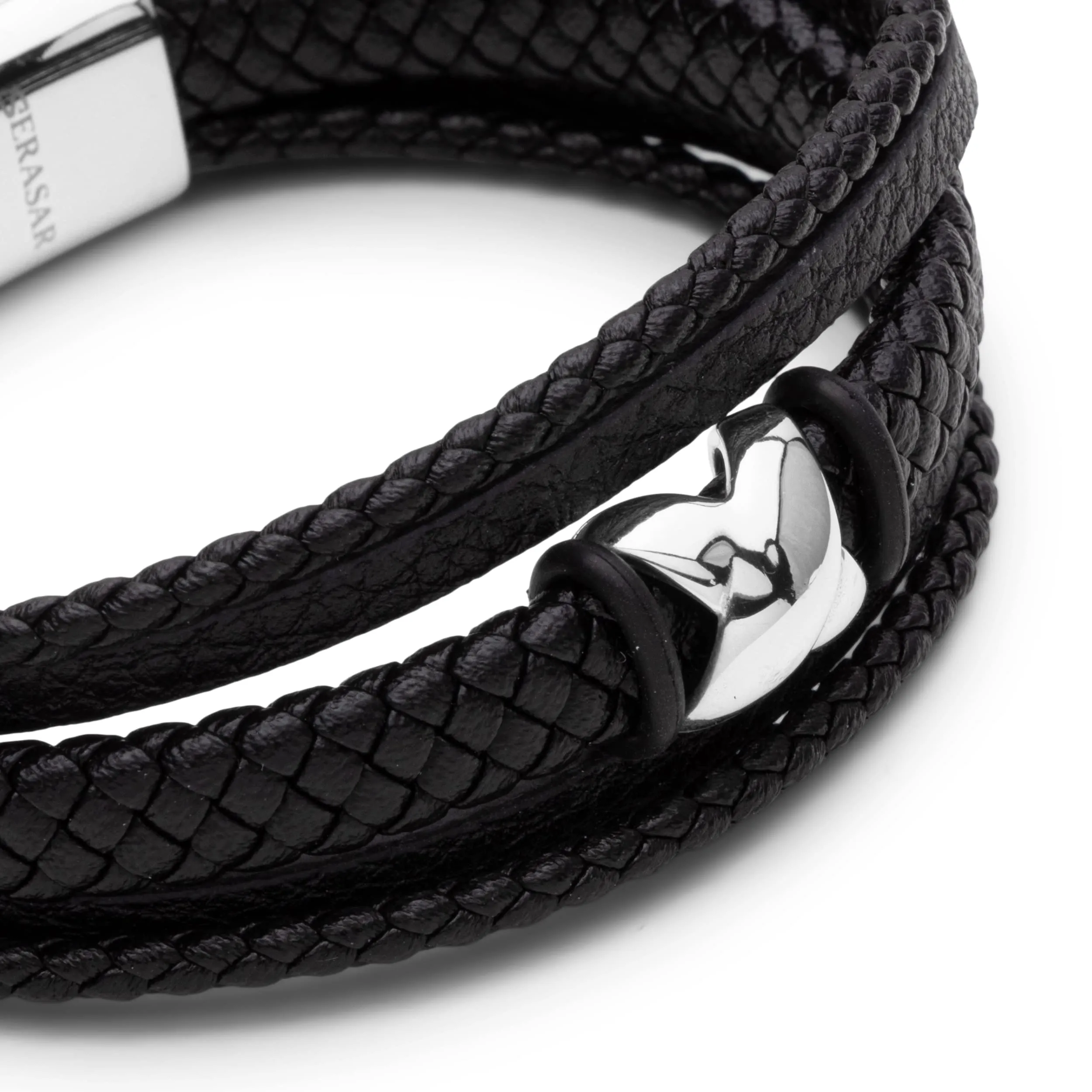 SERASAR Bracciale Uomo in Pelle Nera e Acciaio Argento, 20cm - immagine 8
