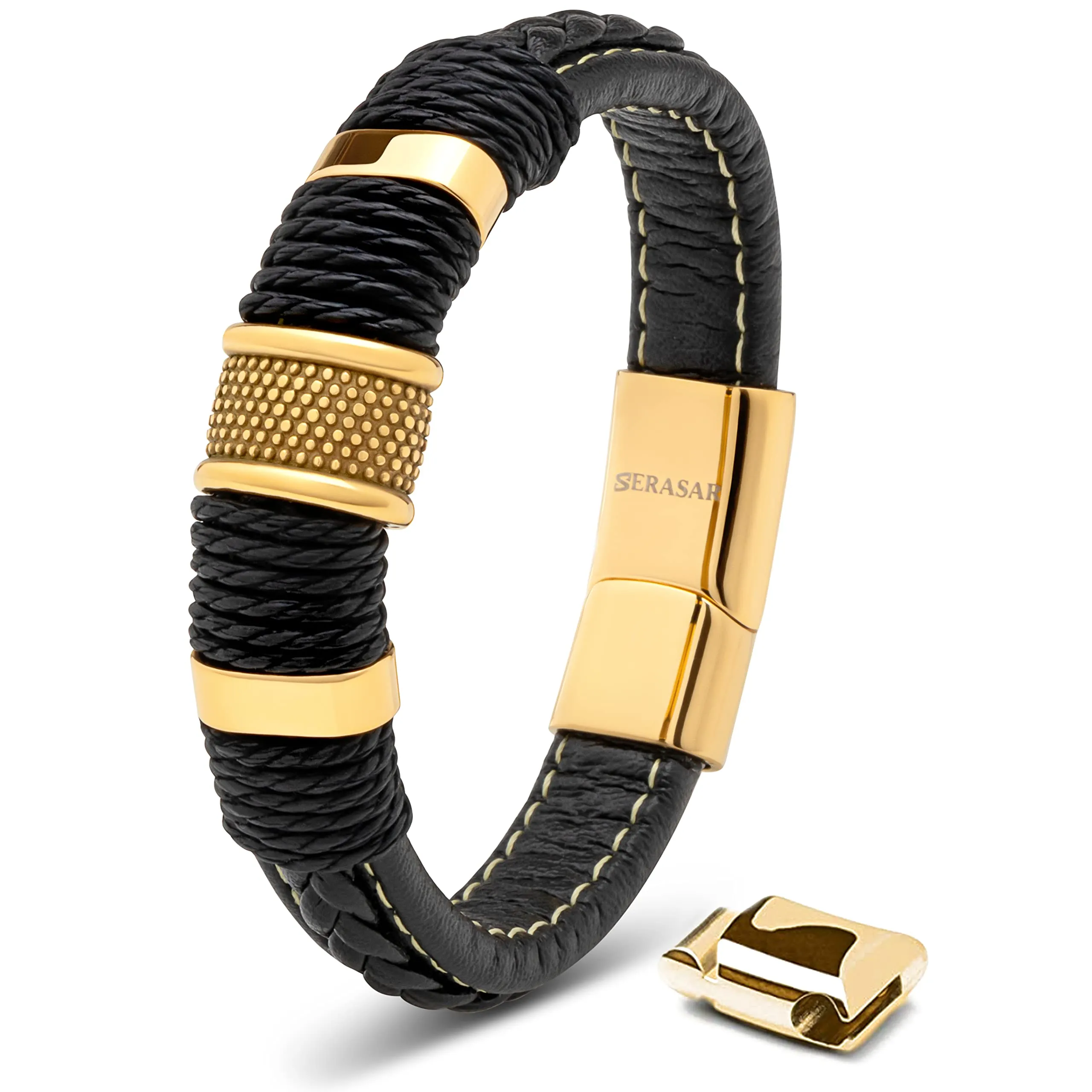 SERASAR Bracciale Uomo in Pelle Nera, 23cm - immagine 1