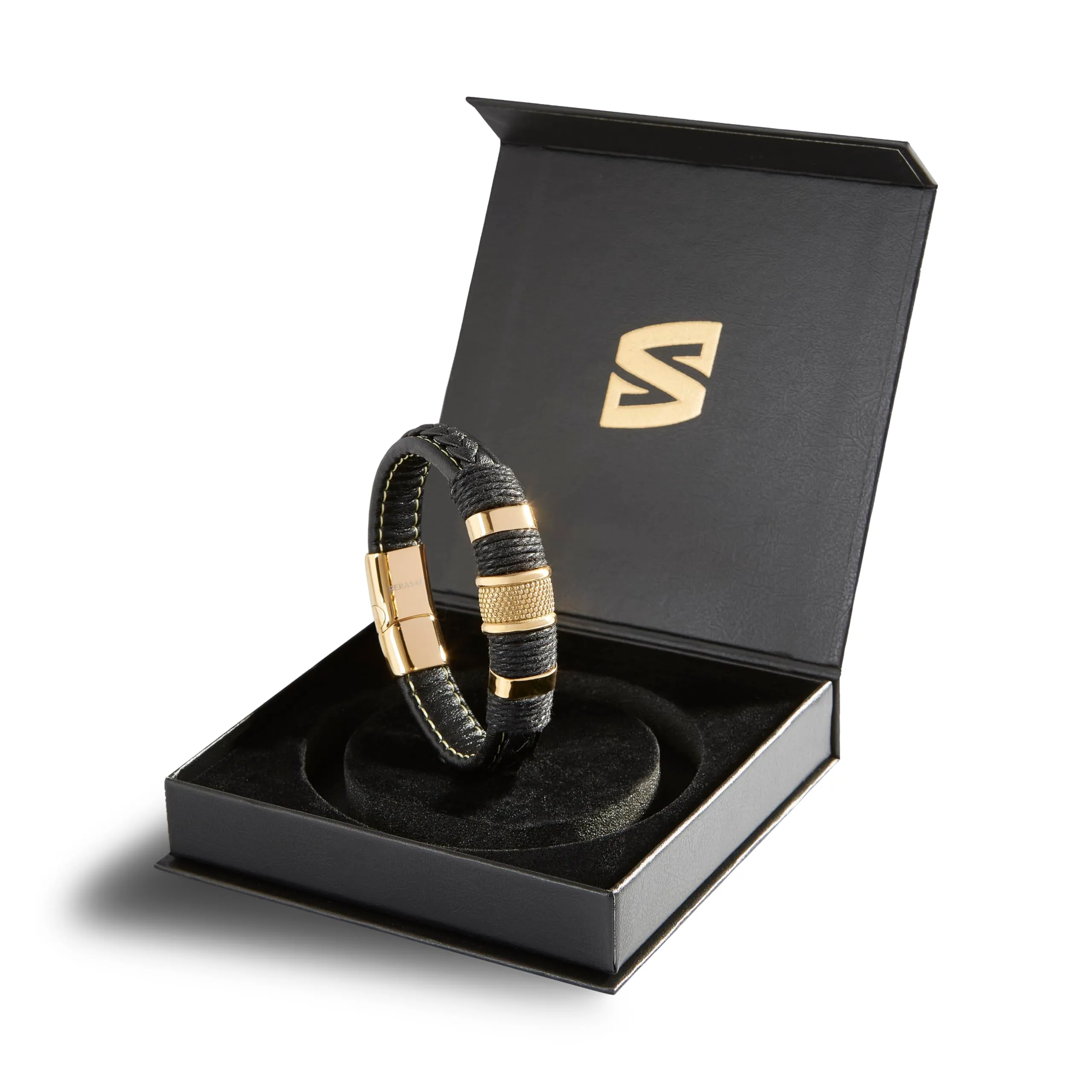 SERASAR Bracciale Uomo in Pelle Nera, 23cm - immagine 2