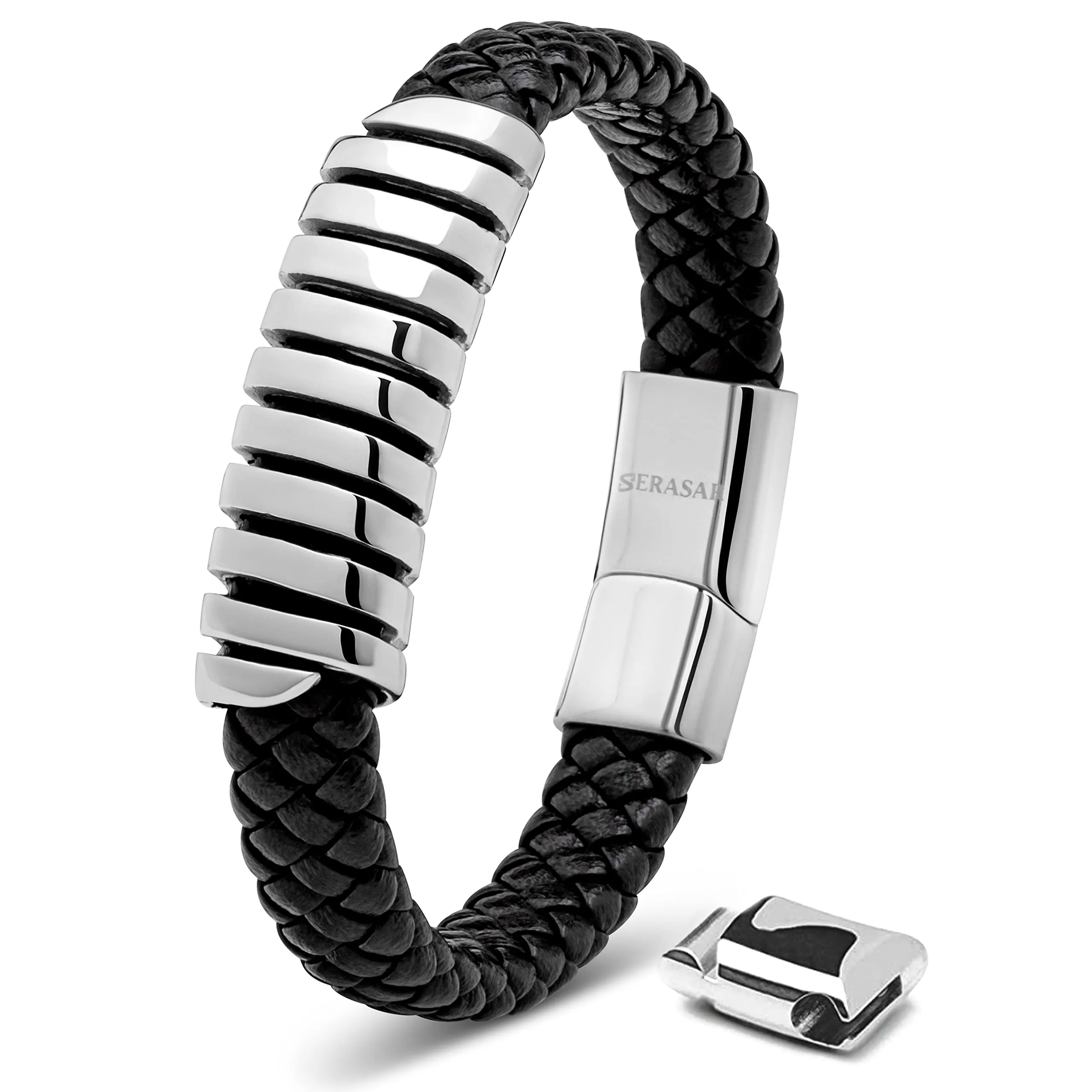 SERASAR Bracciale Uomo in Pelle Nera e Acciaio Argento, 20cm - immagine 1
