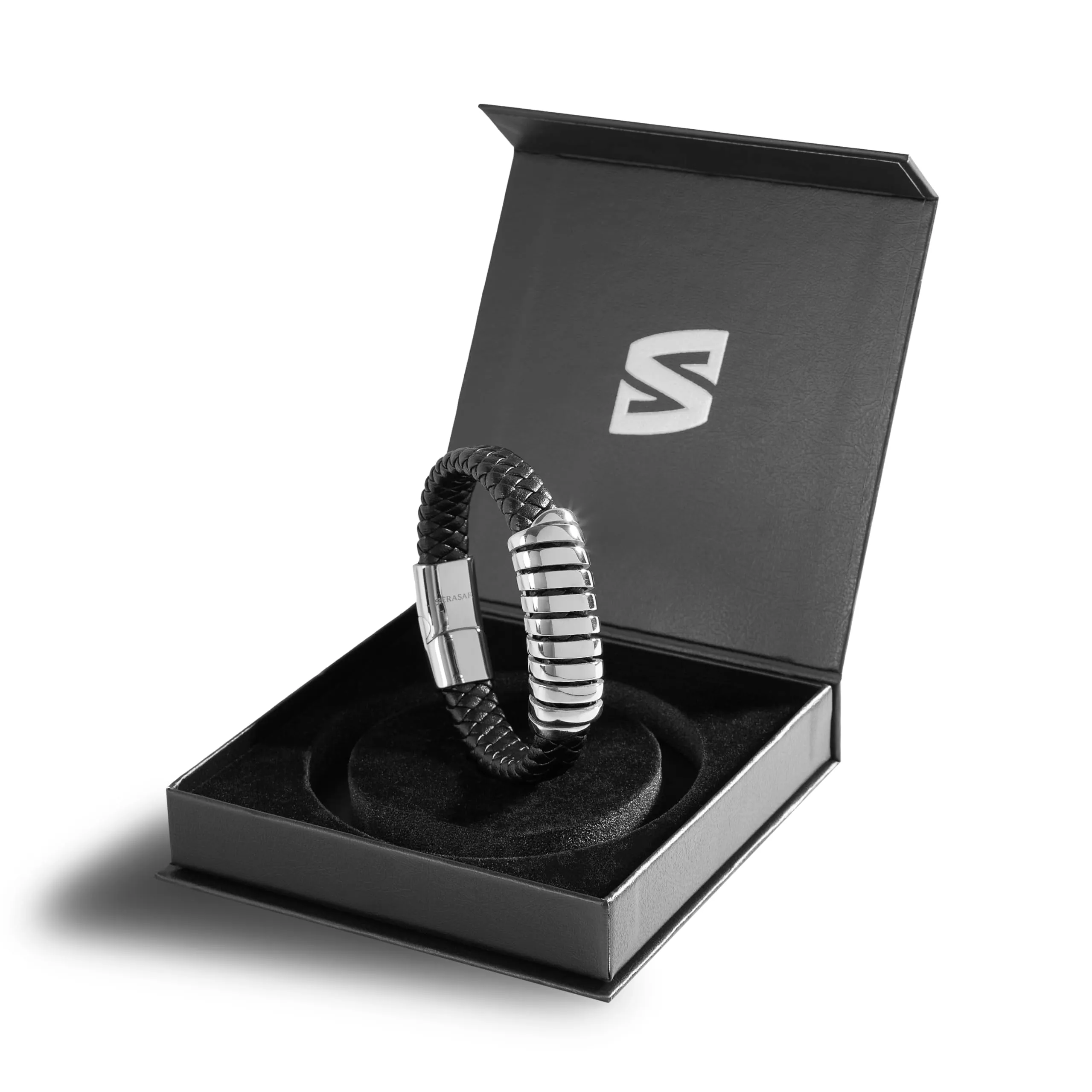 SERASAR Bracciale Uomo in Pelle Nera e Acciaio Argento, 20cm - immagine 2