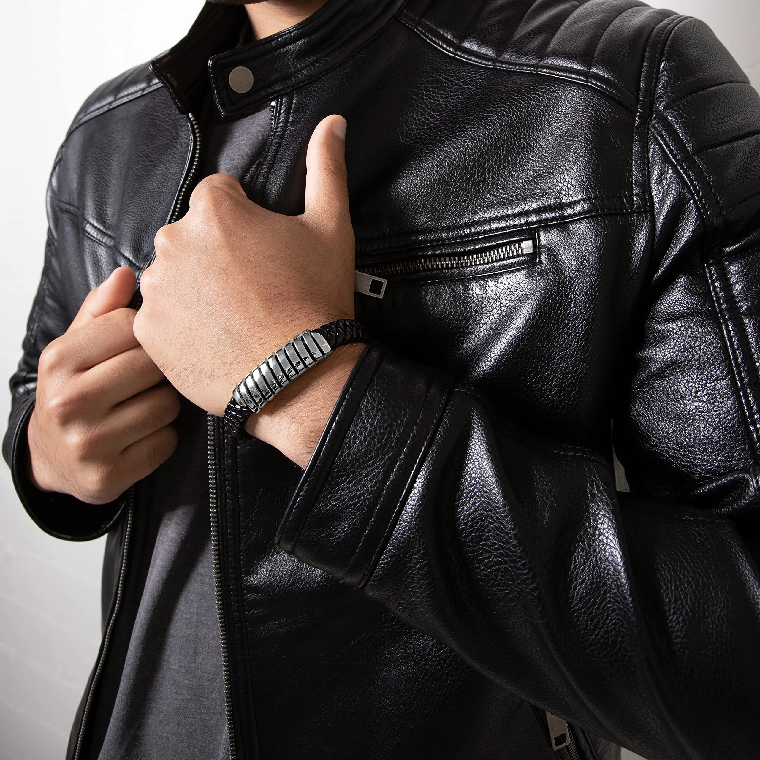 SERASAR Bracciale Uomo in Pelle Nera e Acciaio Argento, 20cm - immagine 3