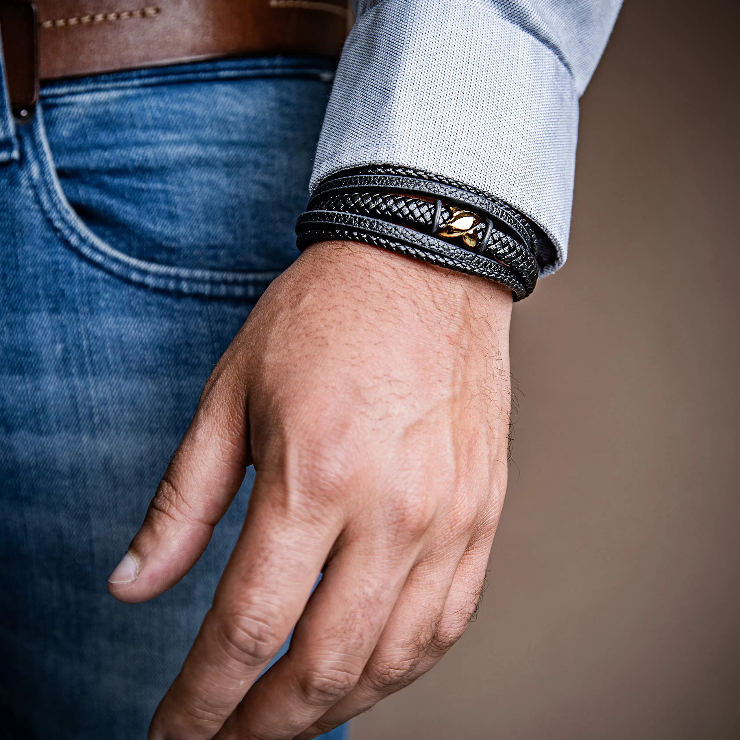 SERASAR Bracciale Uomo in Pelle Nera 23cm - immagine 3