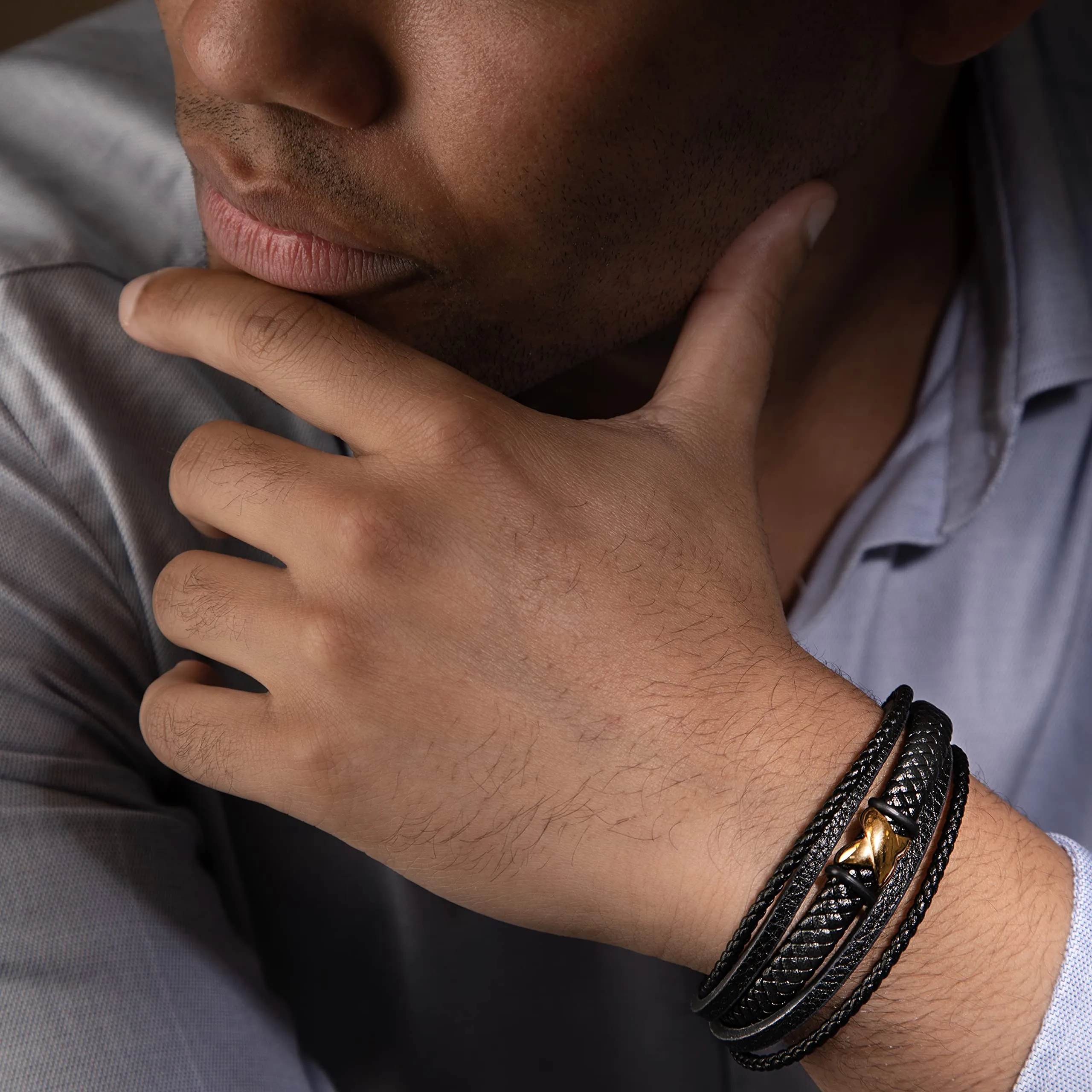 SERASAR Bracciale Uomo in Pelle Nera 23cm - immagine 4
