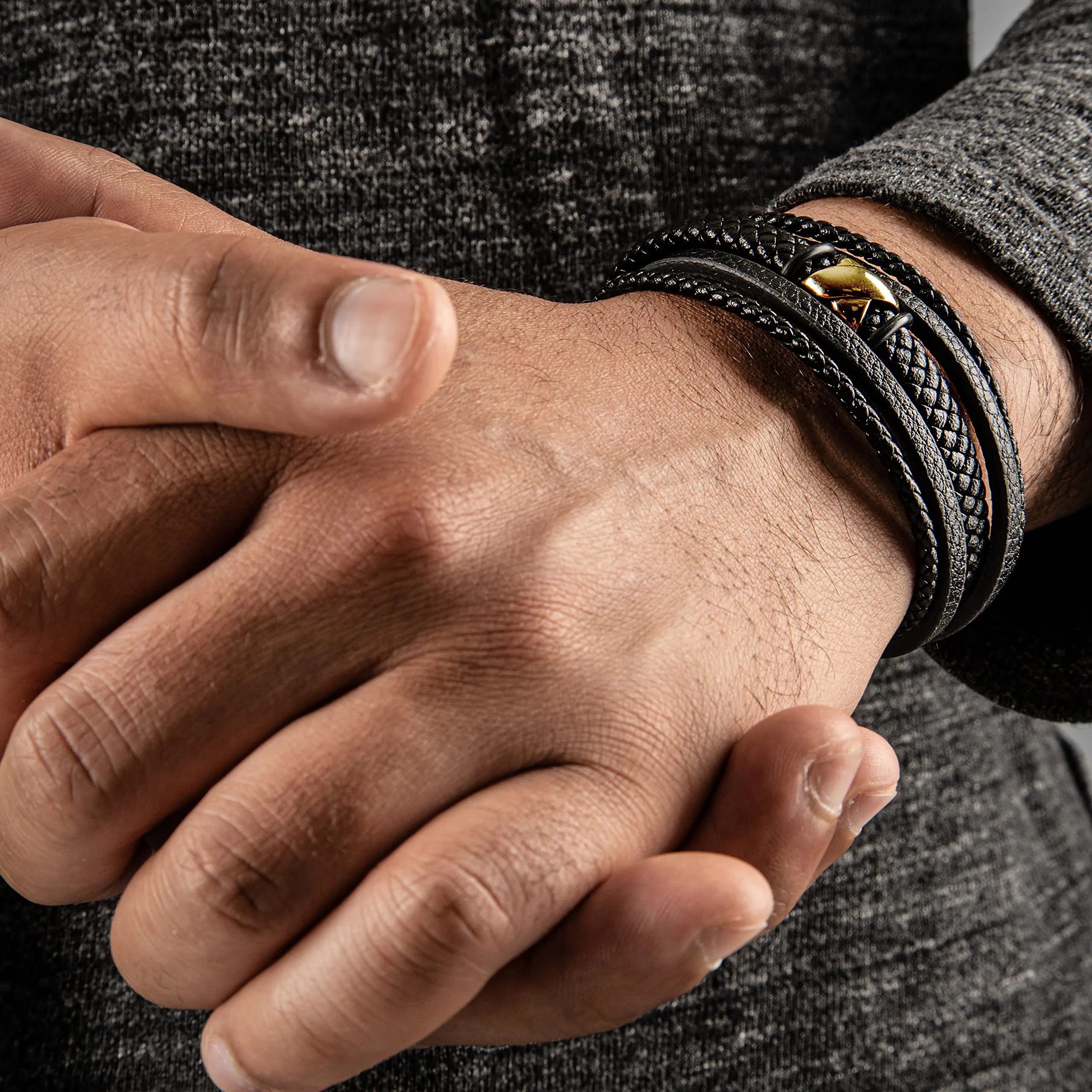 SERASAR Bracciale Uomo in Pelle Nera 23cm - immagine 5