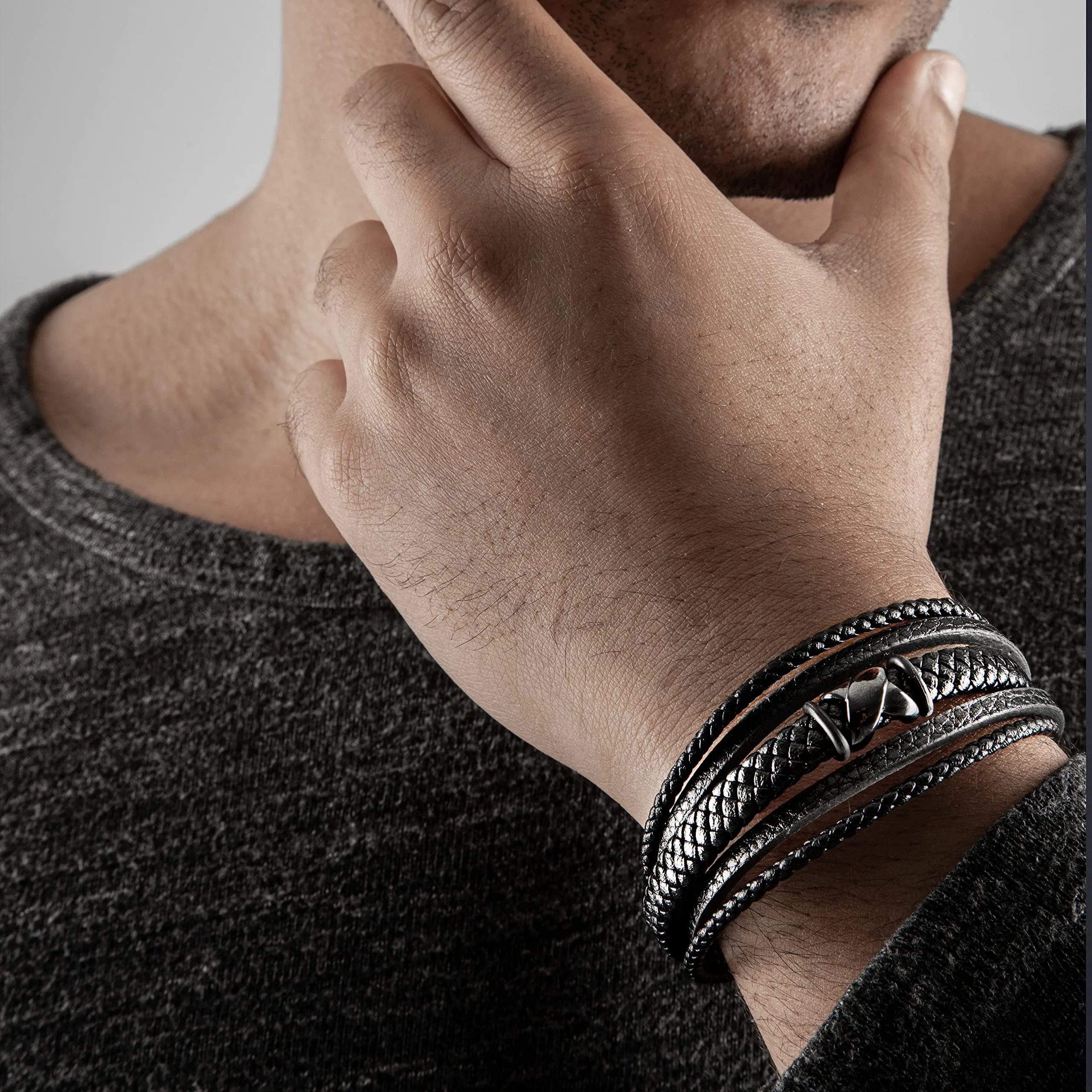 SERASAR Bracciale Uomo in Pelle Nera, 17cm - immagine 5