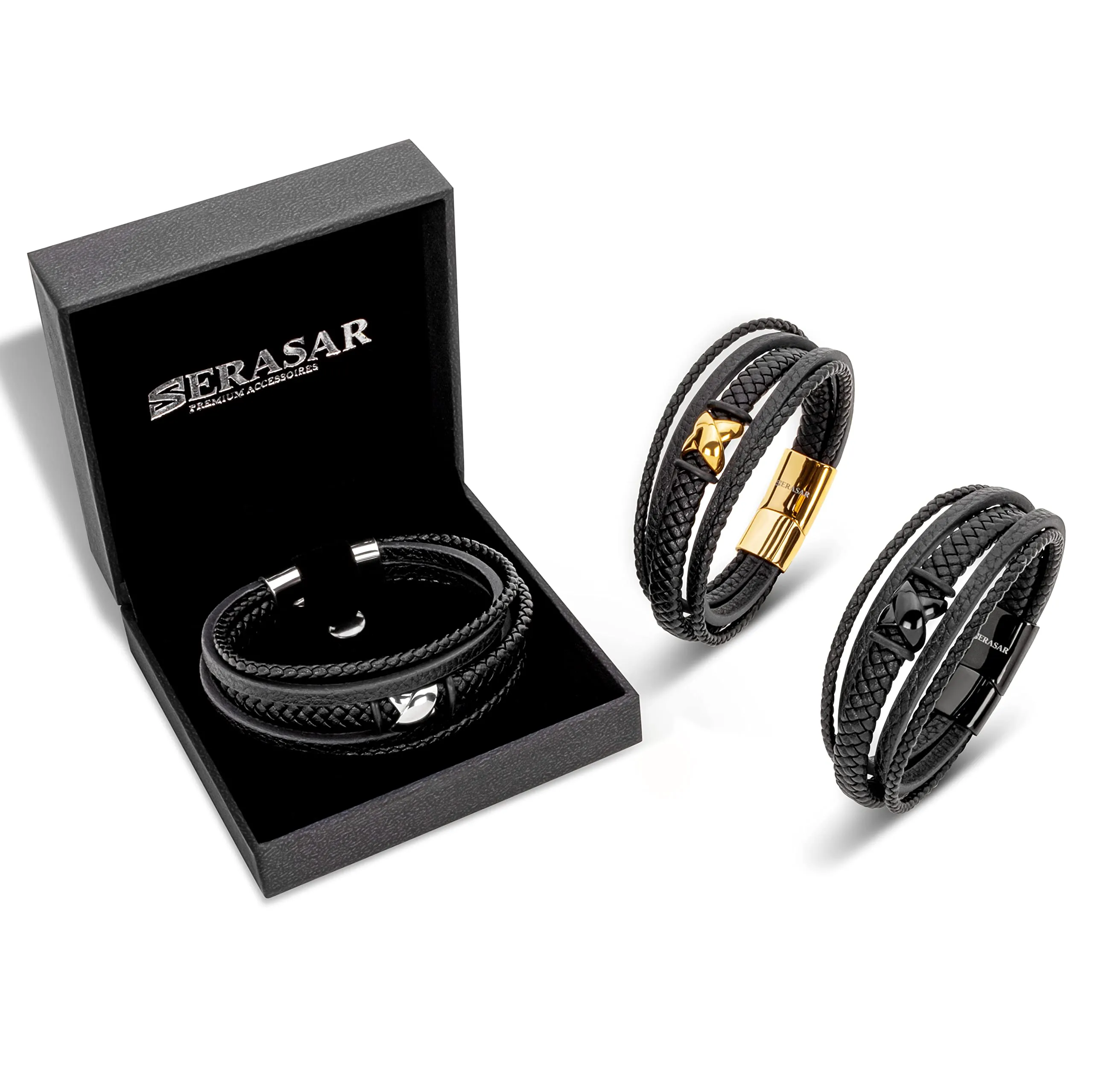 SERASAR Bracciale Uomo in Pelle Nera, 17cm - immagine 7