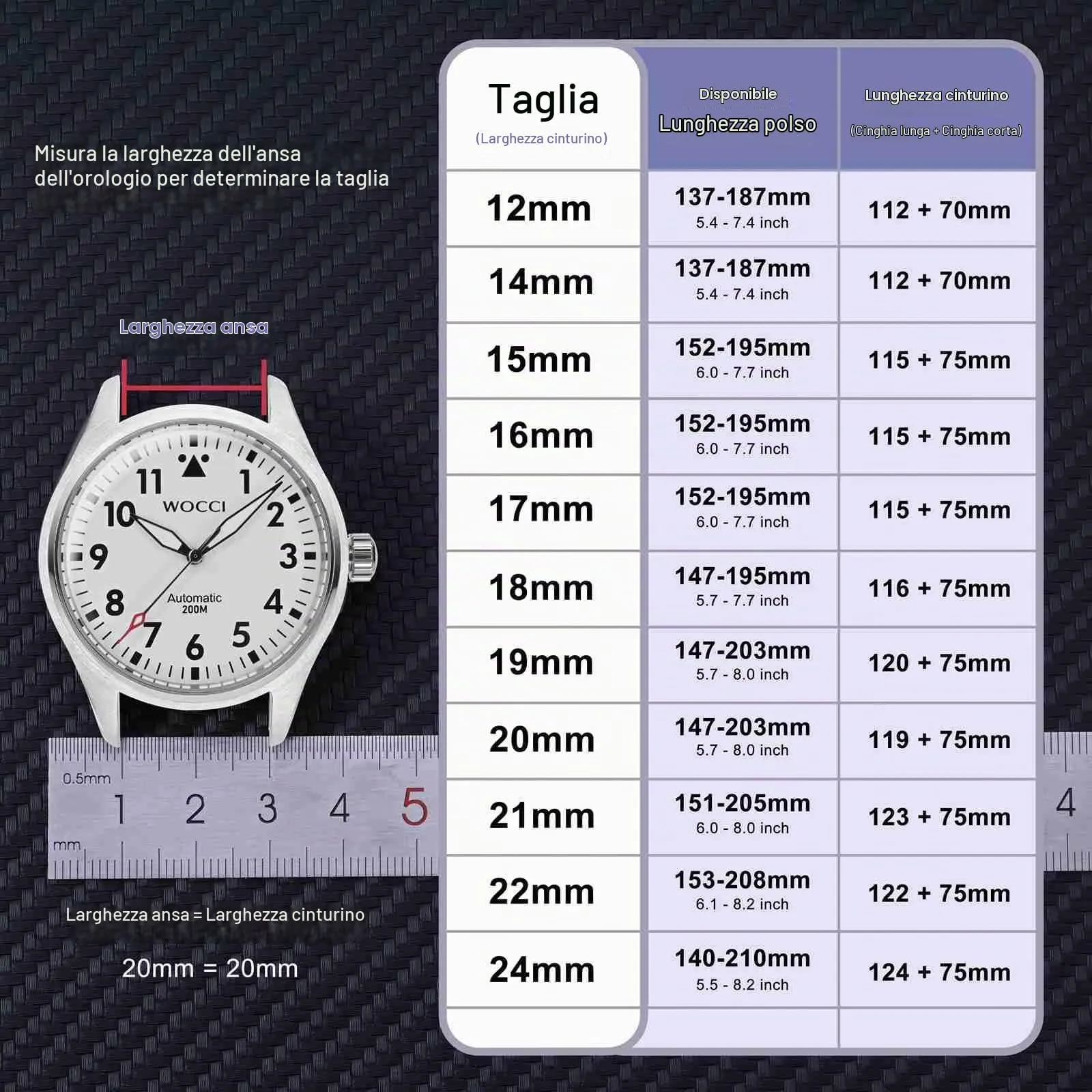 WOCCI Cinturino in Silicone 20mm con Fibbia Nera - Blu Navy - immagine 5