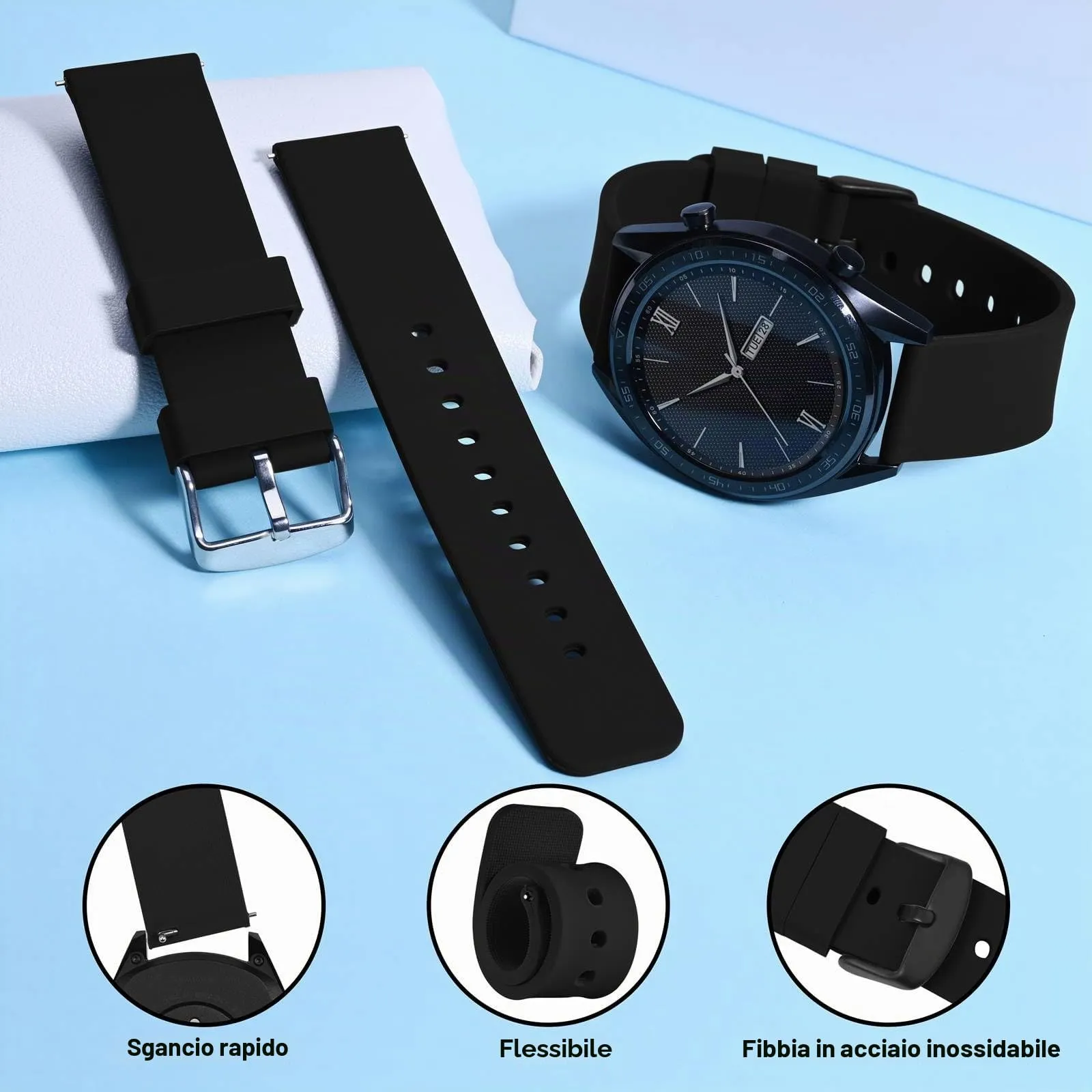 WOCCI Cinturino in Silicone 22mm con Fibbia Nera (Nero) - immagine 3