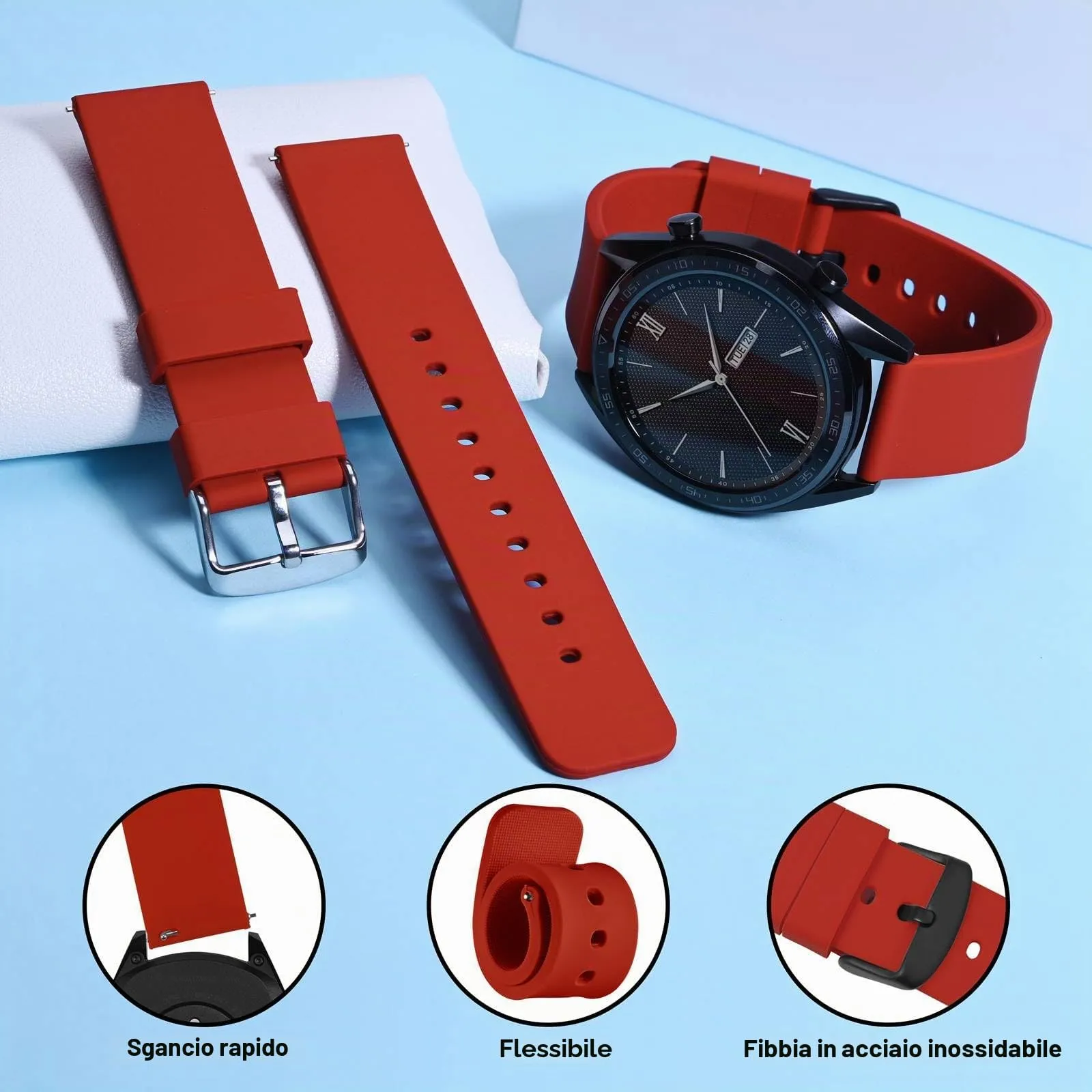 WOCCI Cinturino in Silicone 22mm con Fibbia Nera, Rosso - immagine 3