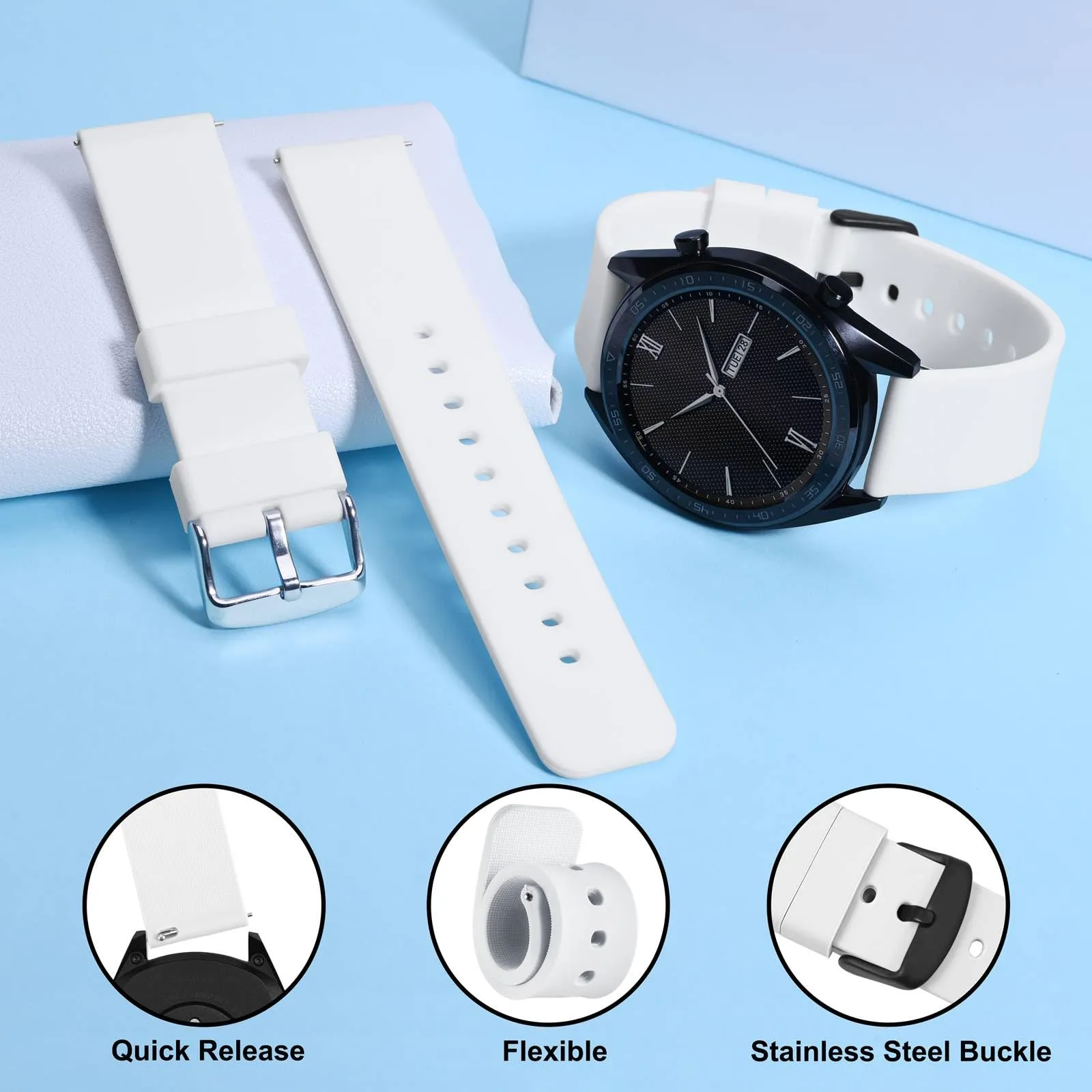 WOCCI Cinturino in Silicone 22mm con Fibbia Nera, Bianco - immagine 3