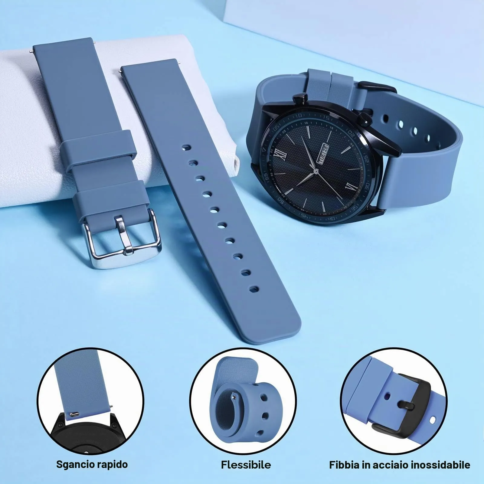 WOCCI Cinturino in Silicone 24mm con Fibbia Nera (Blu Acciaio) - immagine 3