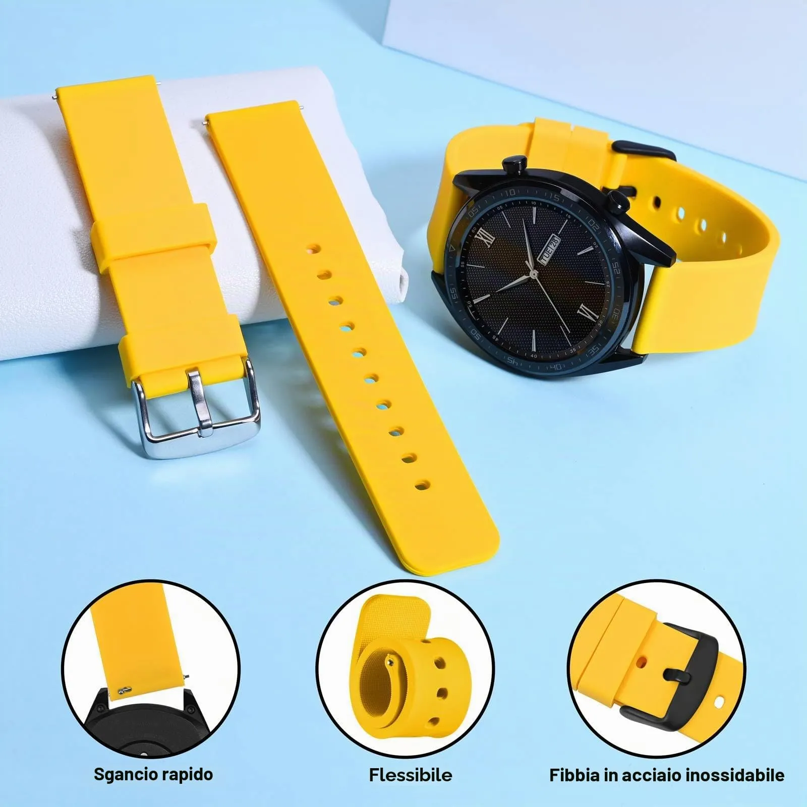 WOCCI Cinturino in Silicone 22mm con Fibbia Nera (Giallo) - immagine 3