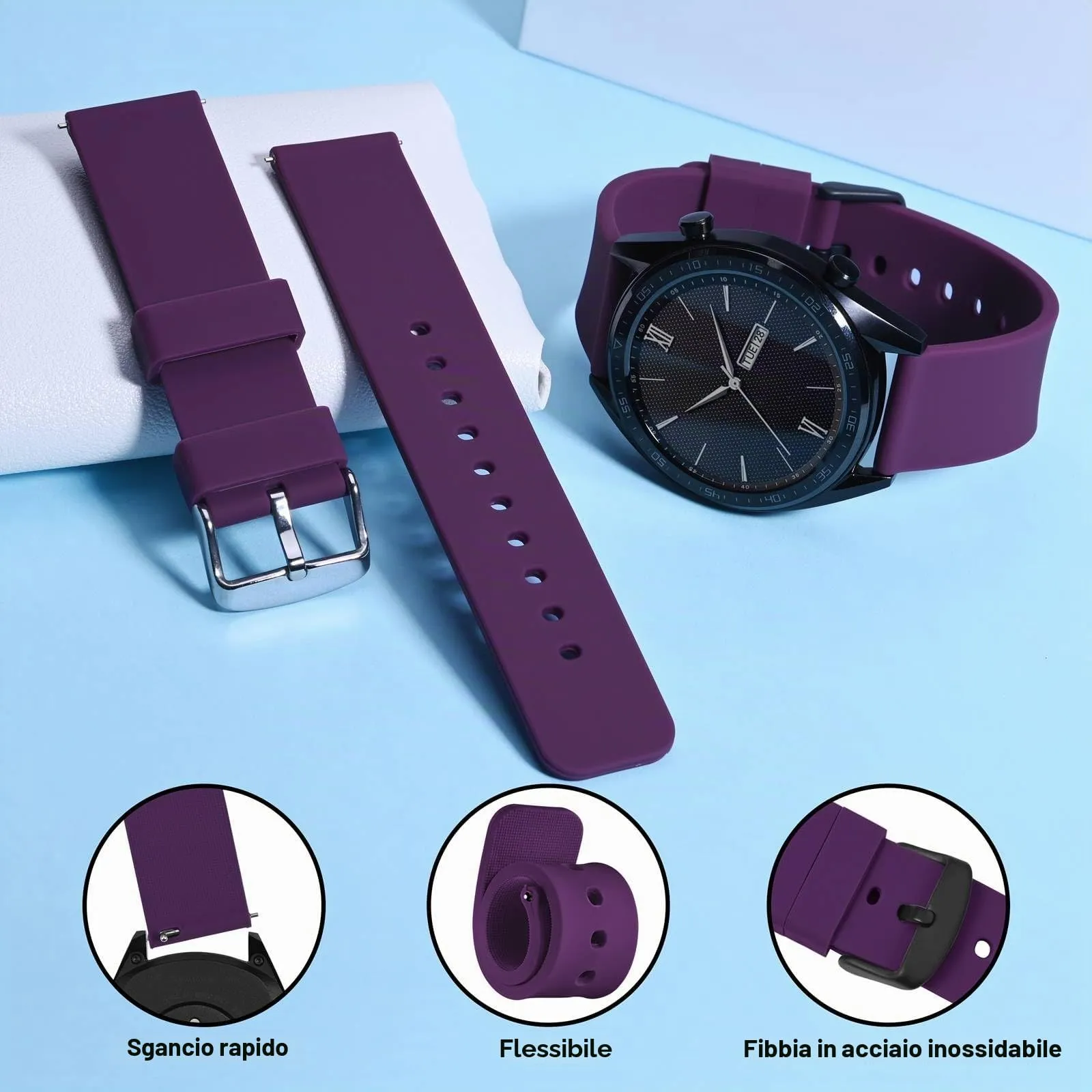 WOCCI Cinturino in Silicone 20mm con Fibbia Nera - Viola - immagine 3