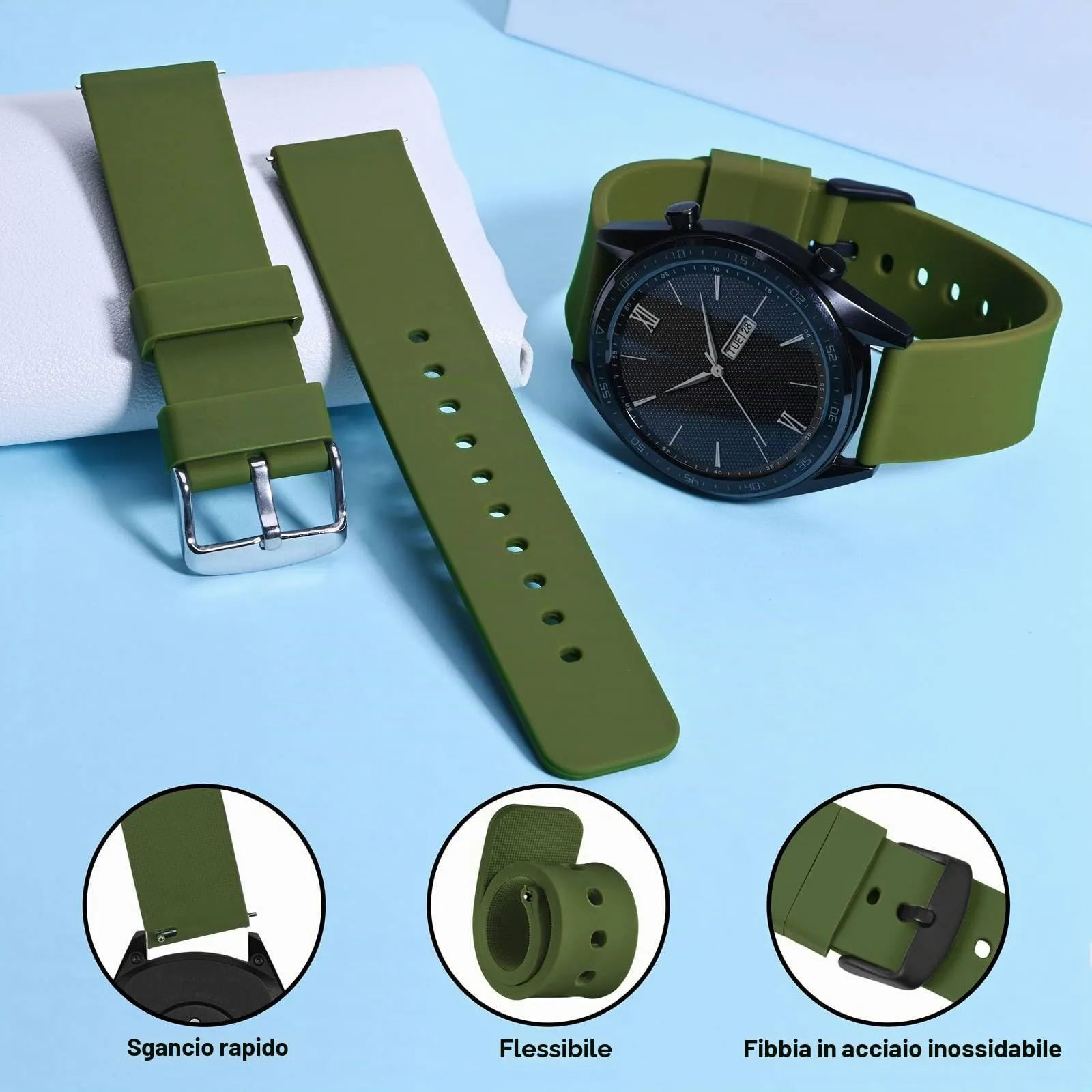 WOCCI Cinturino in Silicone 22mm con Fibbia Nera (Verde Militare) - immagine 3