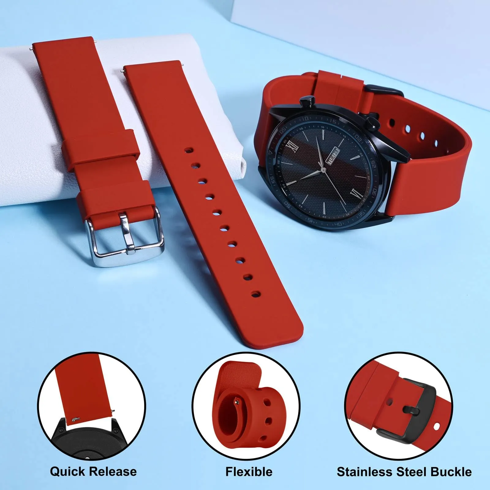WOCCI Cinturino in Silicone 19mm con Fibbia Nera - Rosso - immagine 3