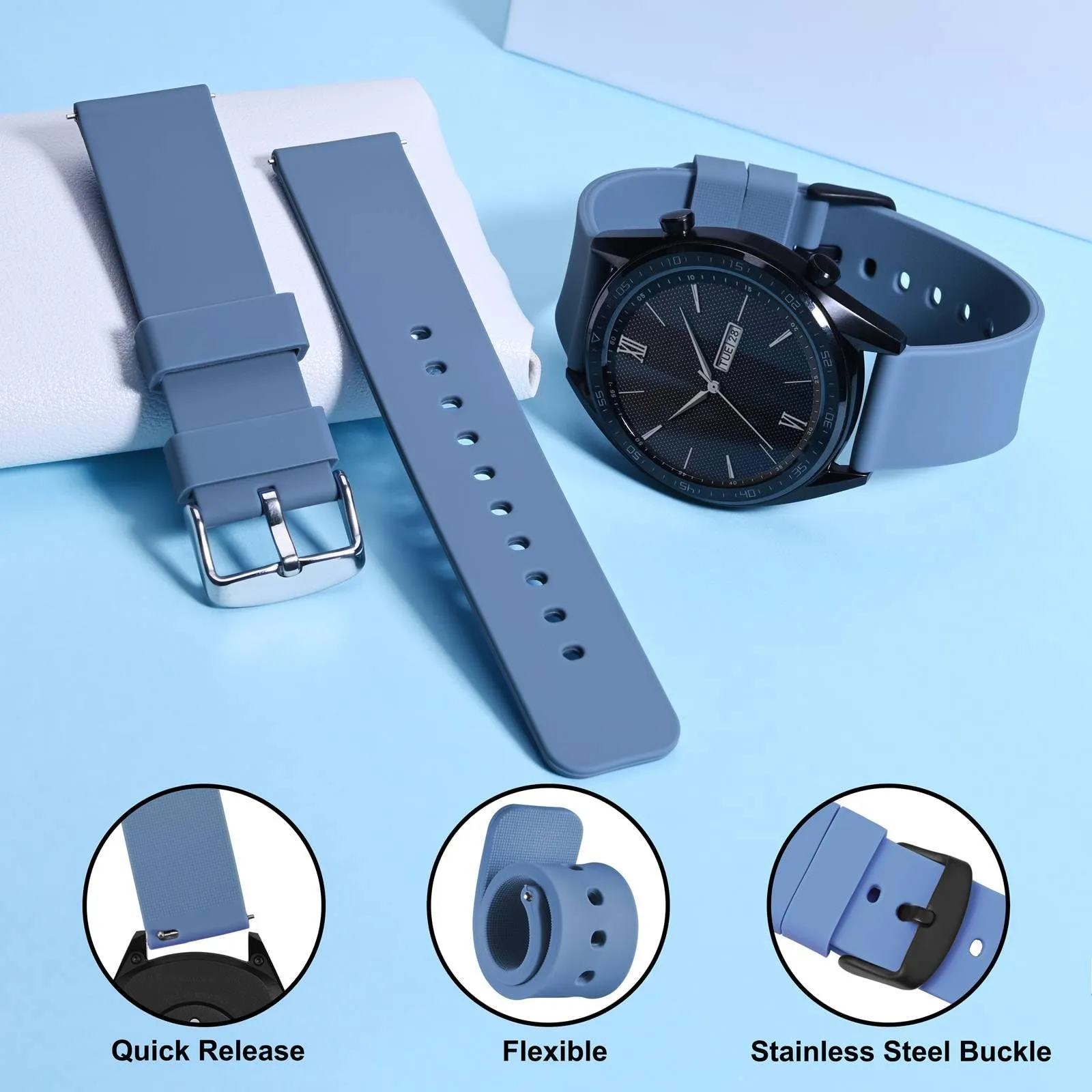 WOCCI Cinturino in Silicone 17mm per Orologi, Fibbia Nera, Blu Acciaio - immagine 3