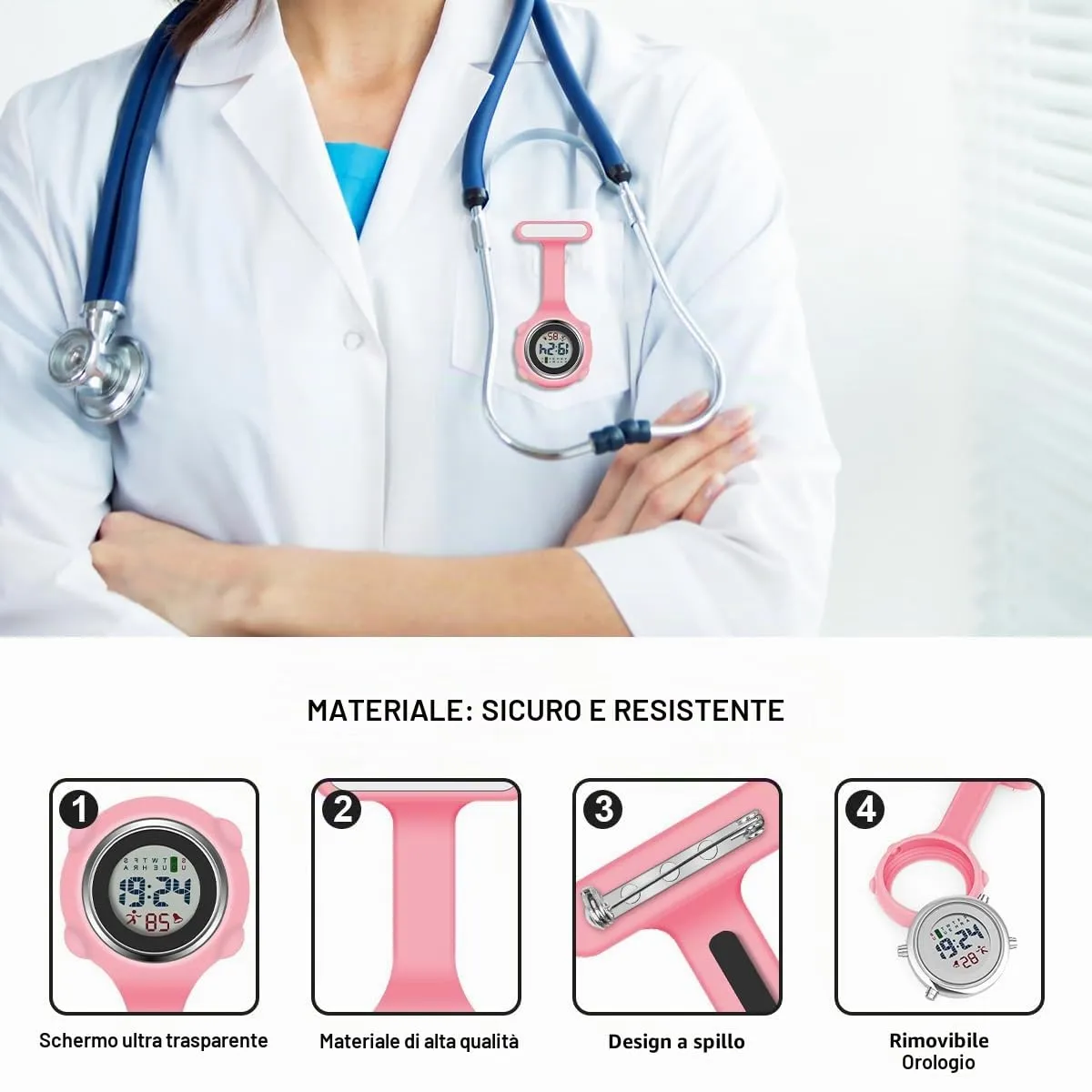 Vicloon Orologio da Infermiere in Silicone con Spilla, Rosa - immagine 4