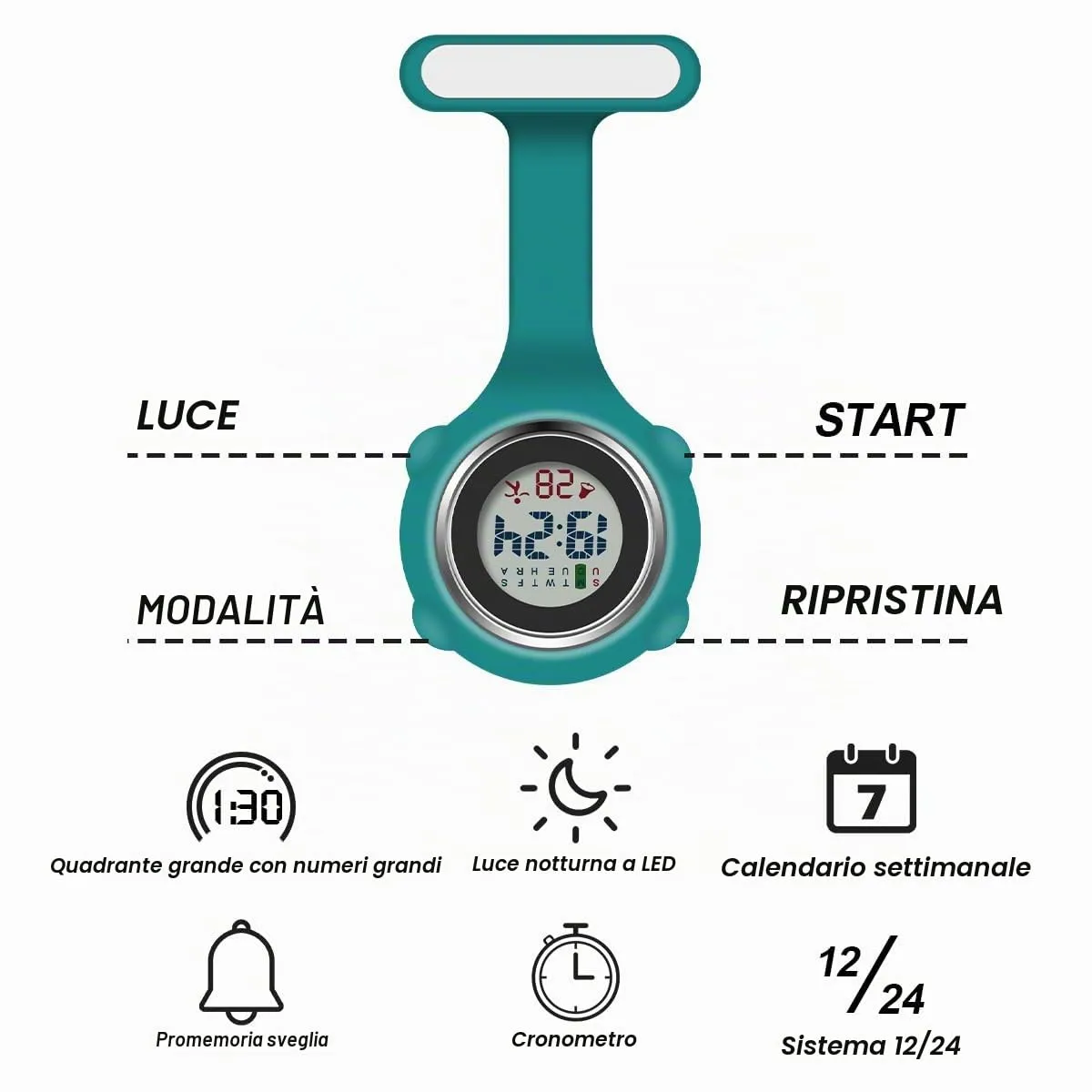 Vicloon Orologio da Infermiere in Silicone con Spilla, Quadrante Rotondo (Verde scuro) - immagine 3