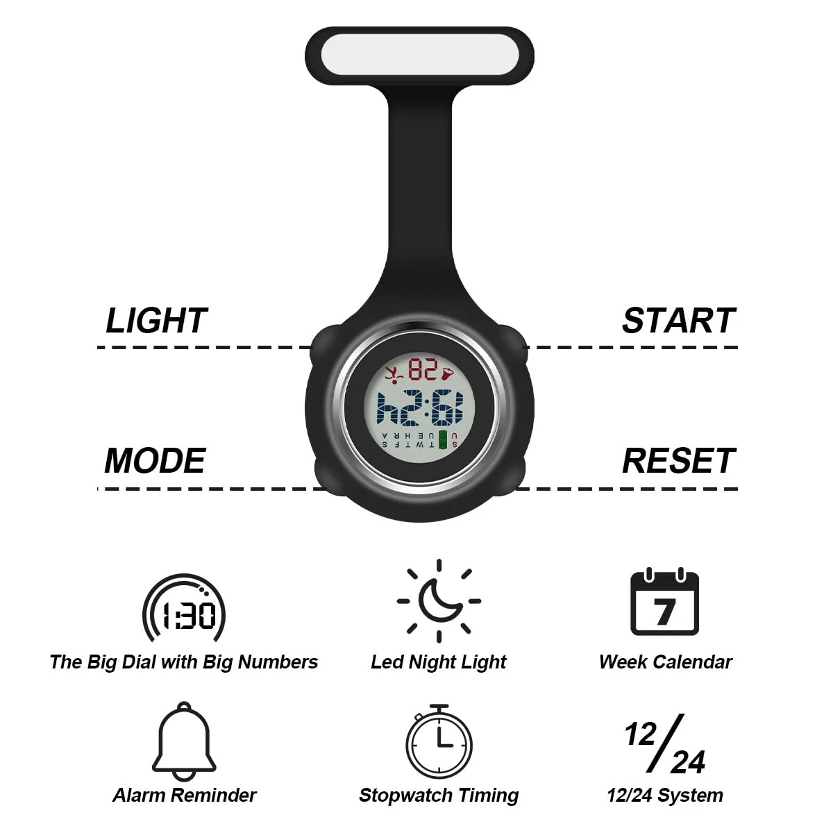 Vicloon Orologio da Infermiere in Silicone con Spilla (Nero) - immagine 3