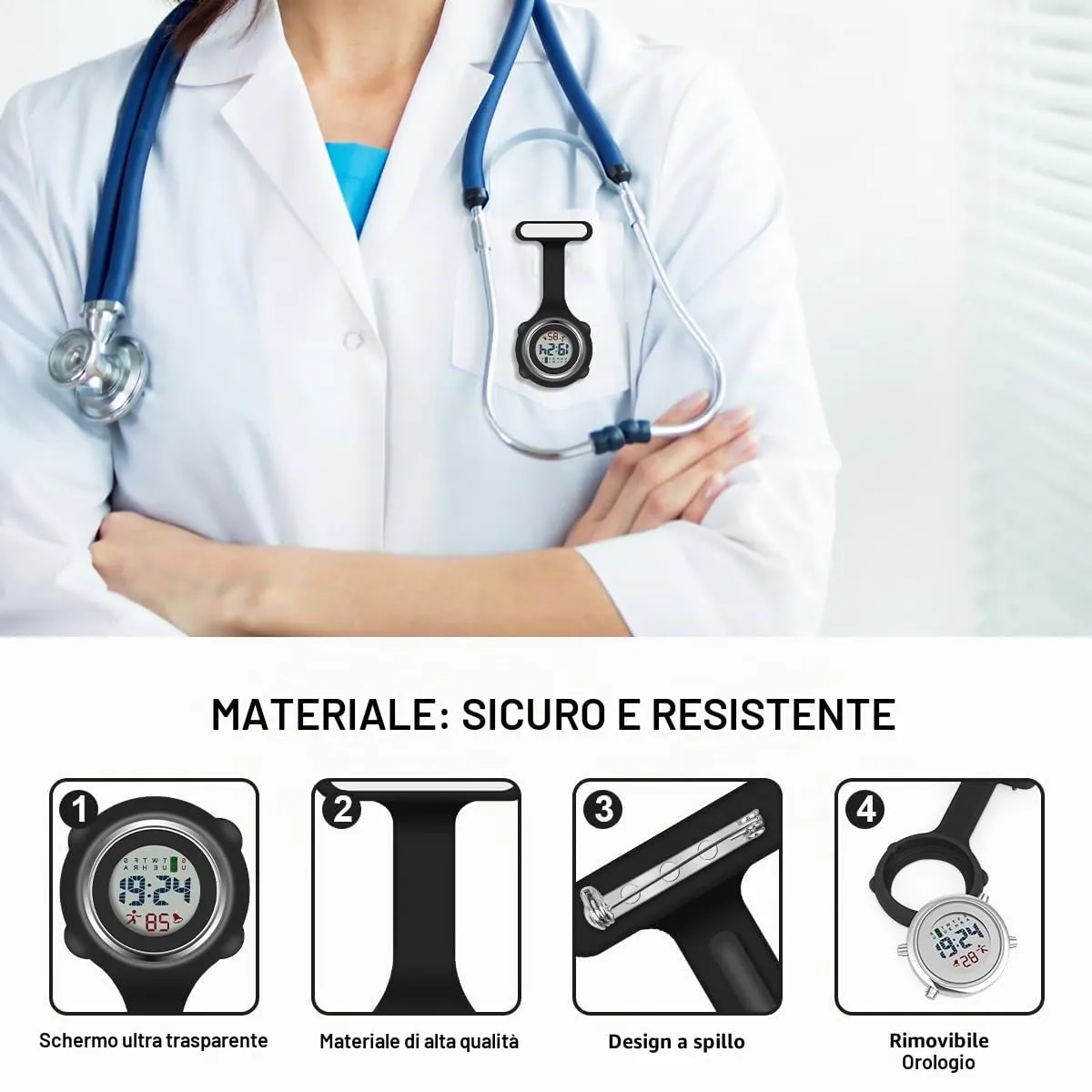 Vicloon Orologio da Infermiere in Silicone con Spilla (Nero) - immagine 4
