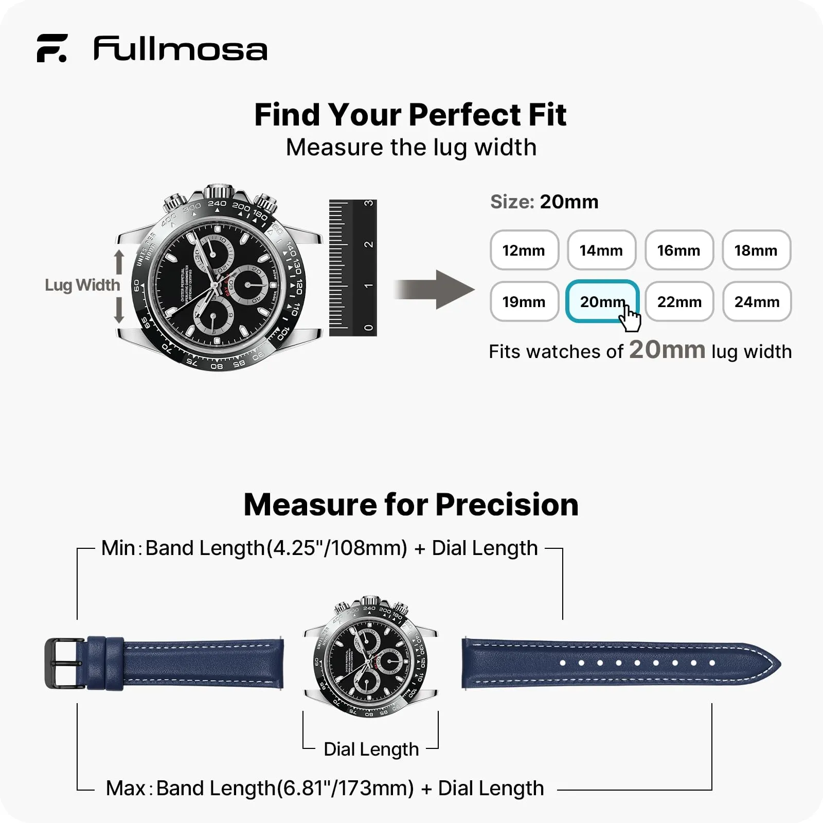 Fullmosa Cinturino Orologio 20mm in Pelle Sgancio Rapido, Blu Scuro/Nera - immagine 5