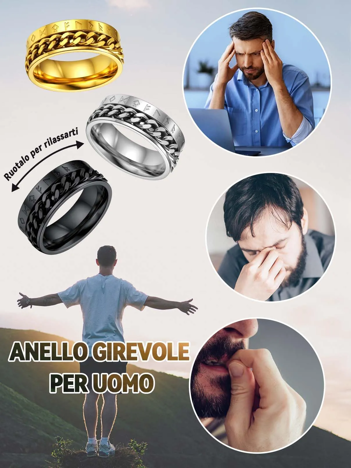 FaithHeart Anello Vichingo a Catena Ruotabile con Rune Personalizzabile, Acciaio Inossidabile, Taglia IT 22 - immagine 8