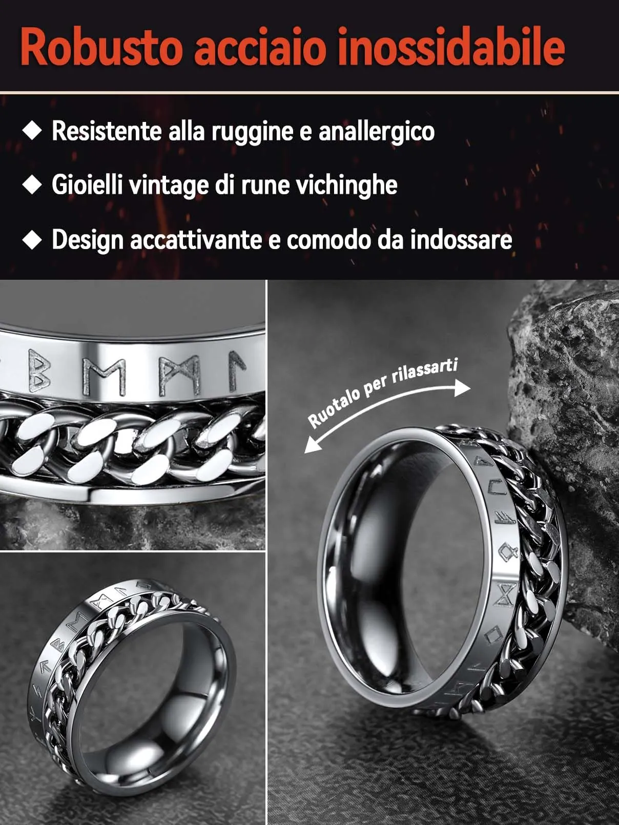 FaithHeart Anello Rune Vichingo in Acciaio Inossidabile, Girevole, Misura 54 - immagine 2