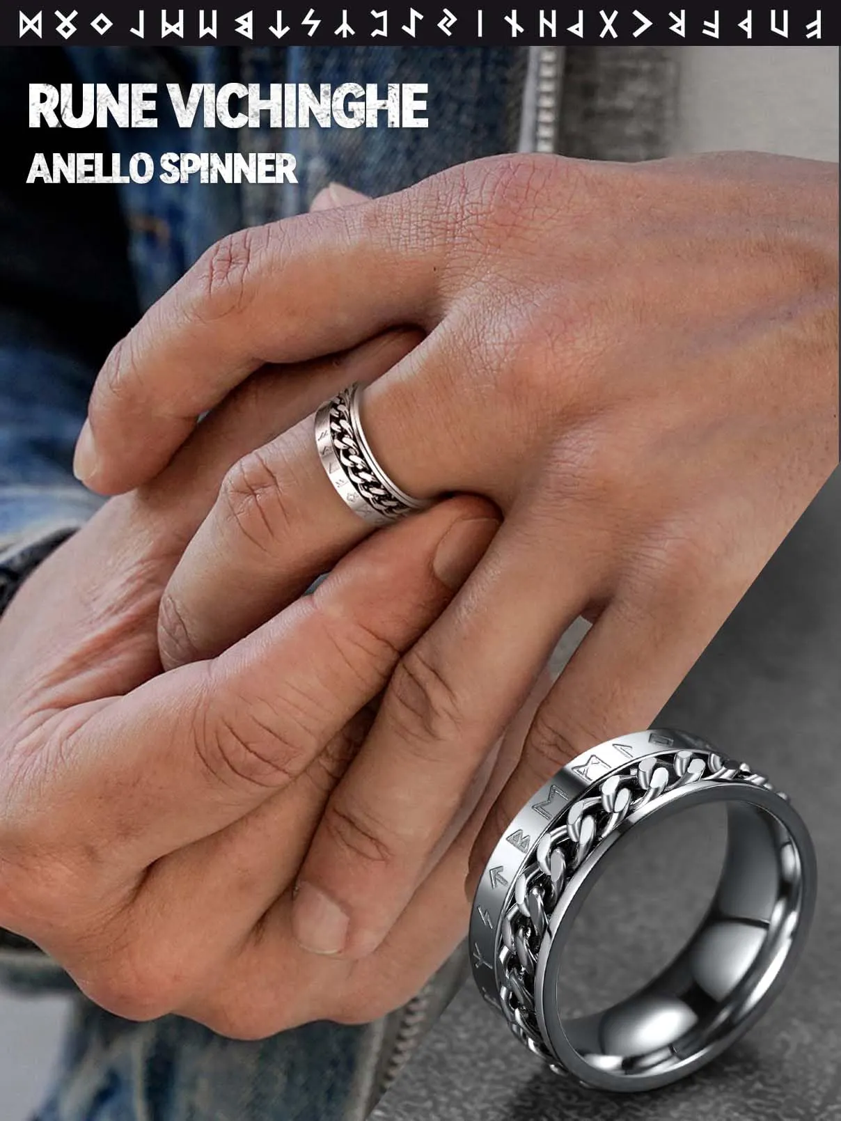 FaithHeart Anello Rune Vichingo in Acciaio Inossidabile, Girevole, Misura 54 - immagine 3