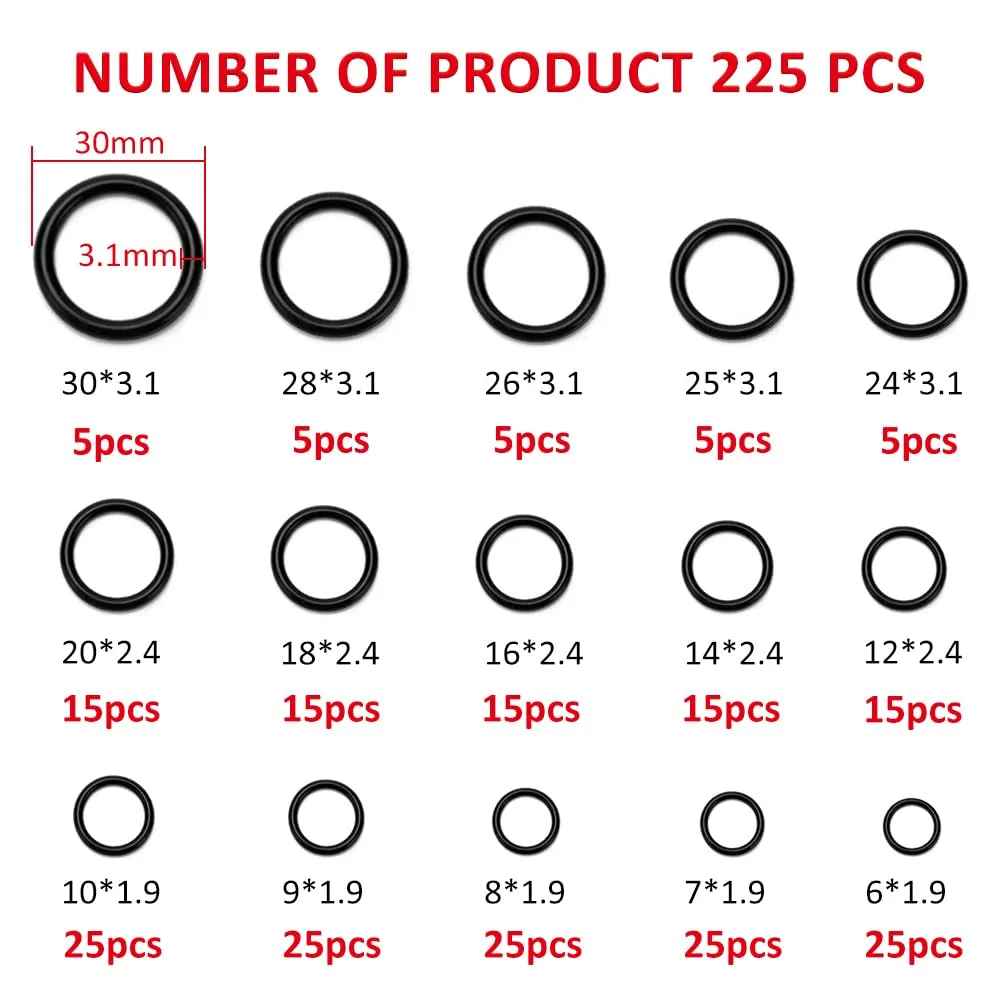 YIXISI Kit Assortimento O-ring in Gomma Nitrilica, 225 Pezzi, 15 Misure, Nero - immagine 2
