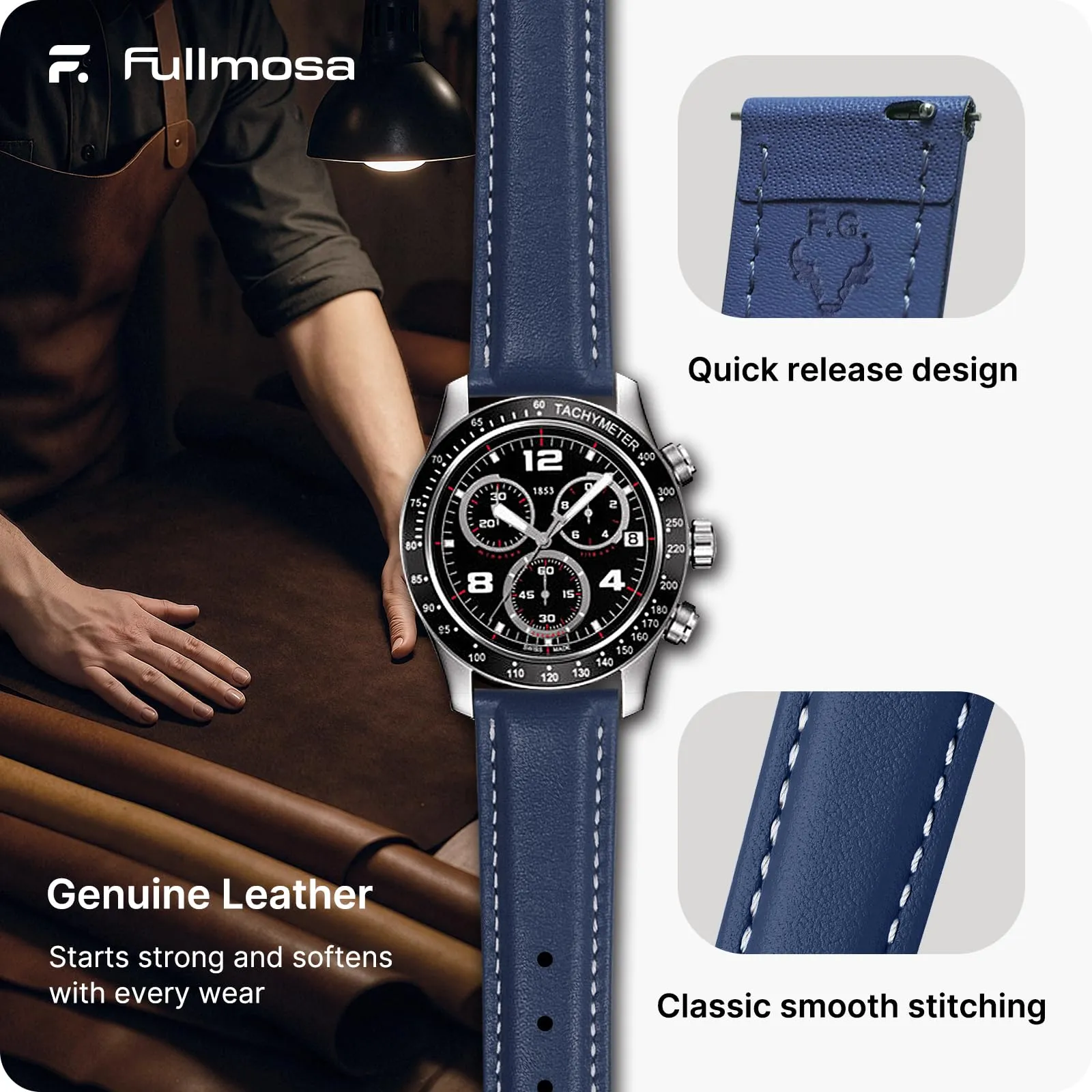 Fullmosa Cinturino Orologio 22mm in Pelle Sgancio Rapido, Blu Scuro/Nera - immagine 4