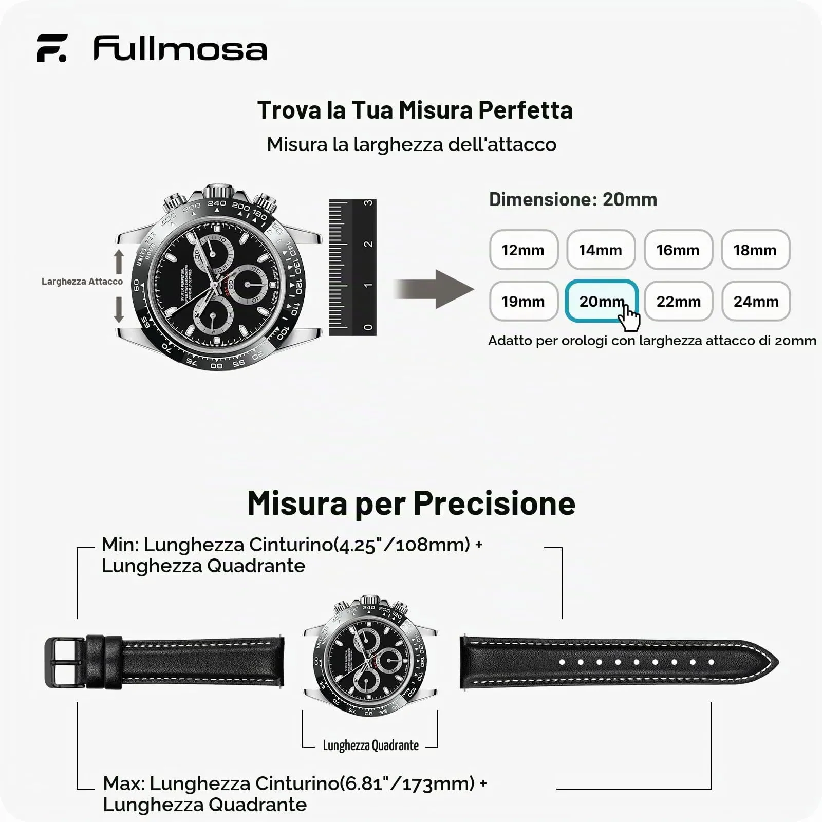 Fullmosa Cinturino Orologio 20mm in Pelle Sgancio Rapido, Nero/Fibbia Nera - immagine 5