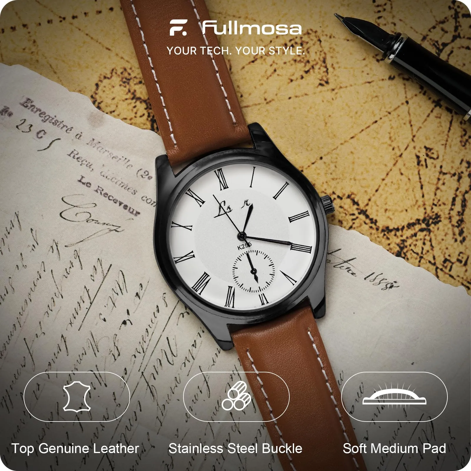 Fullmosa Cinturino Orologio 20mm in Pelle Marrone con Fibbia Nera - immagine 2
