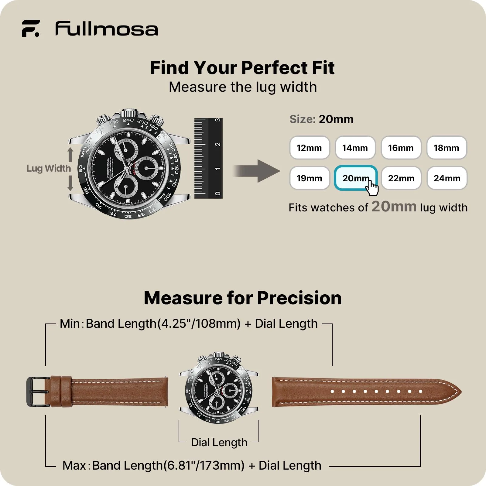 Fullmosa Cinturino Orologio 20mm in Pelle Marrone con Fibbia Nera - immagine 5