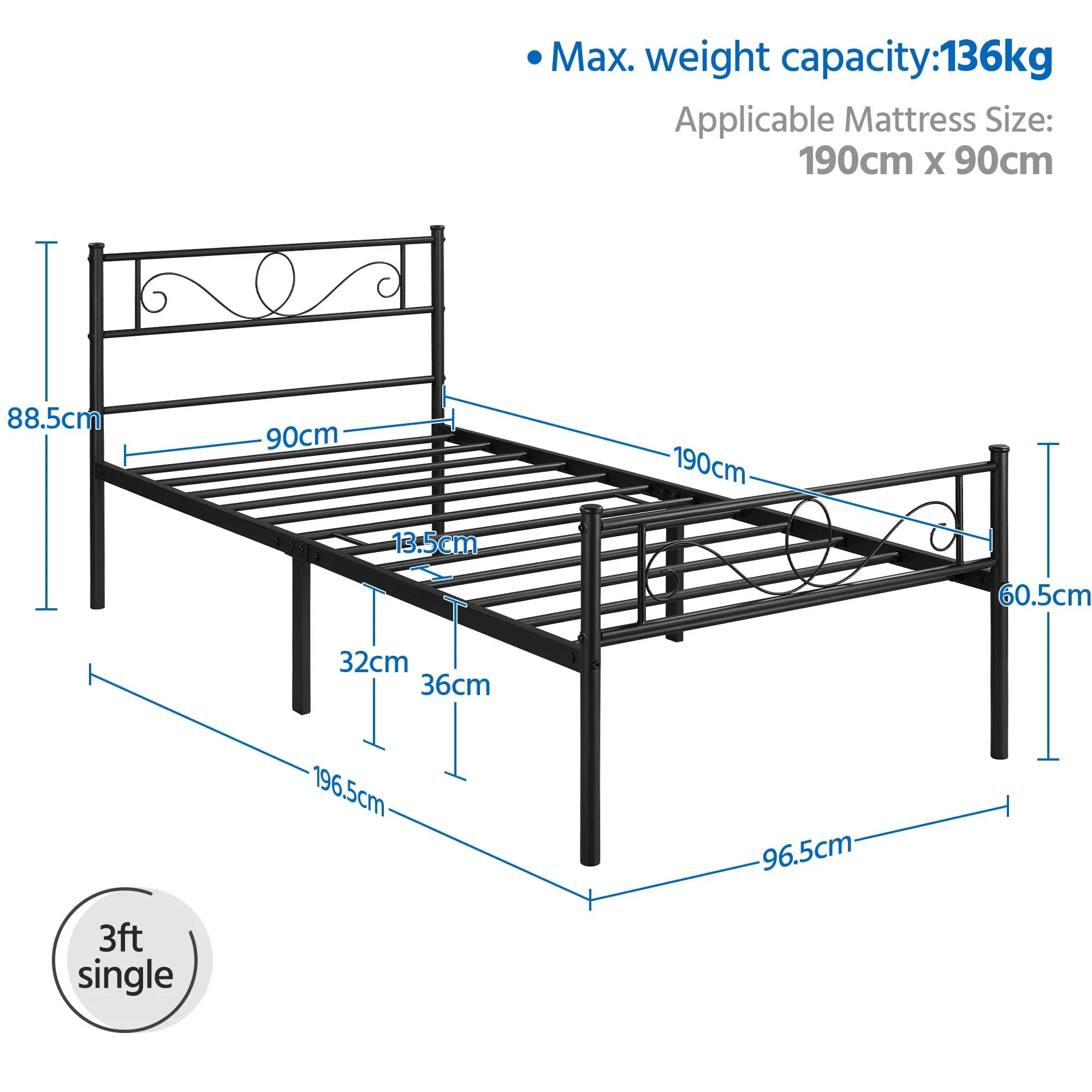 Yaheetech Struttura Letto Singolo in Ferro per Materasso 90 x 190 cm - immagine 2