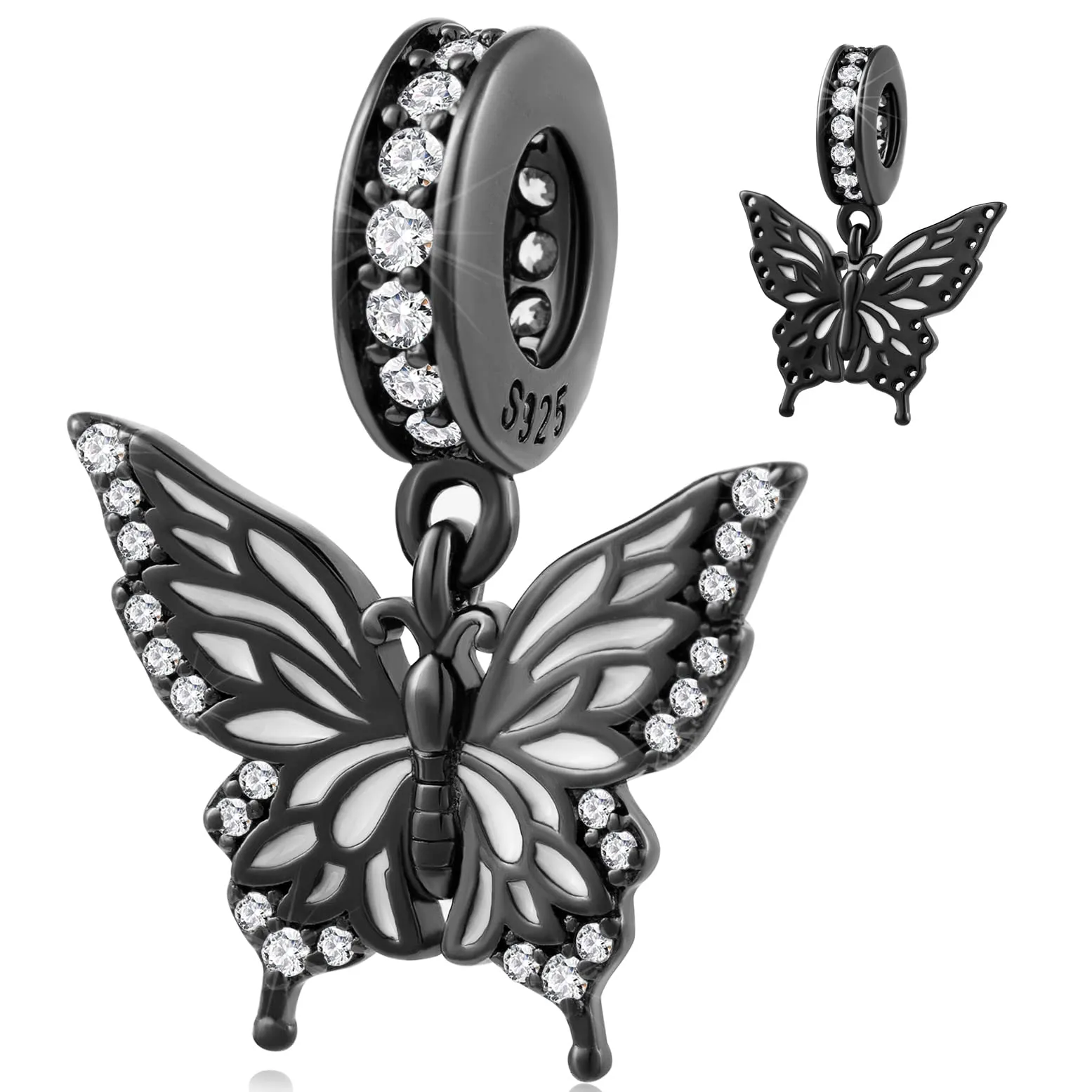 GLOWDAS Charm Farfalla Nera Pistola in Argento Sterling 925 e CZ per Braccialetti Pandora - immagine 1