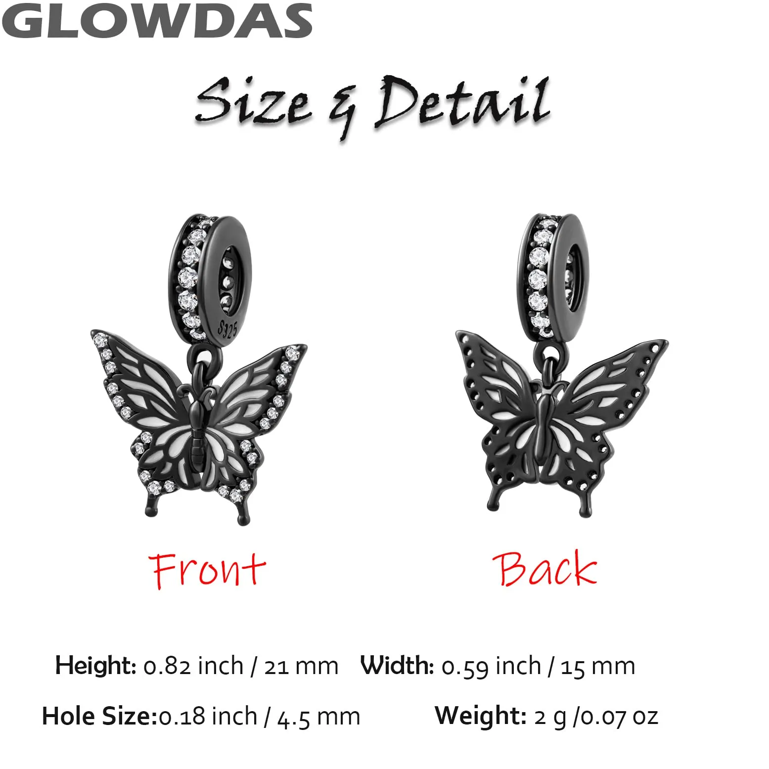 GLOWDAS Charm Farfalla Nera Pistola in Argento Sterling 925 e CZ per Braccialetti Pandora - immagine 2