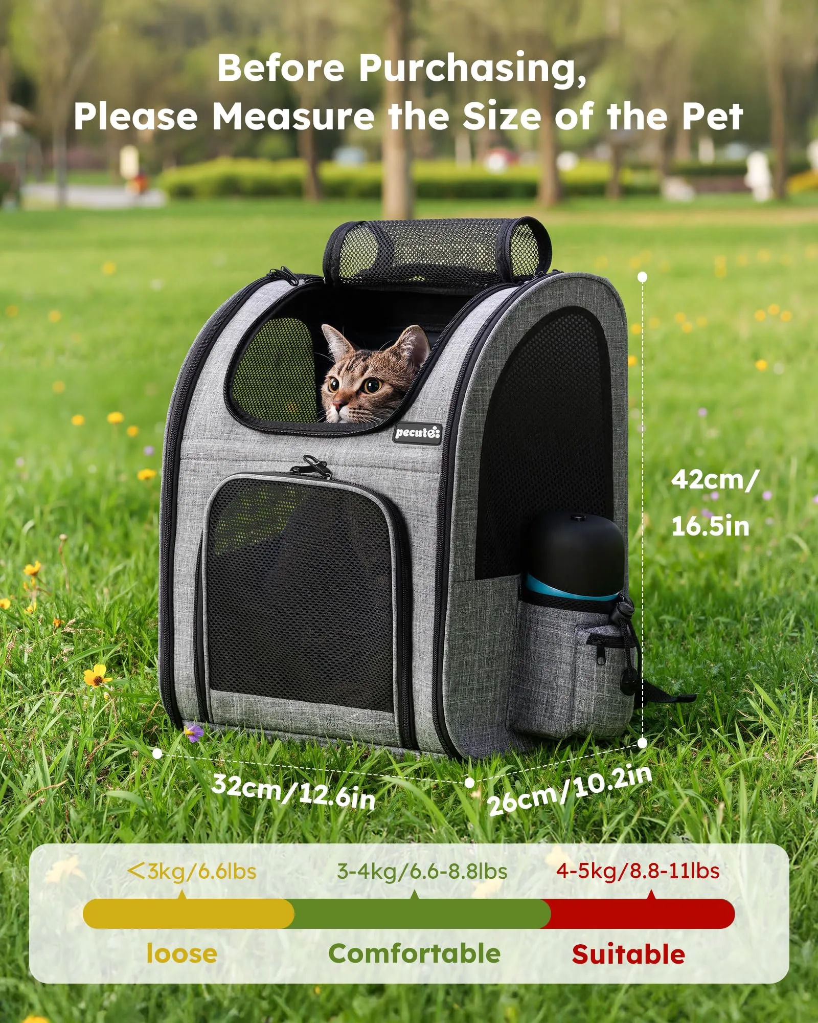 Pecute Zaino Trasportino per Cani e Gatti Traspirante con Tasche Frontali, Grigio - immagine 2