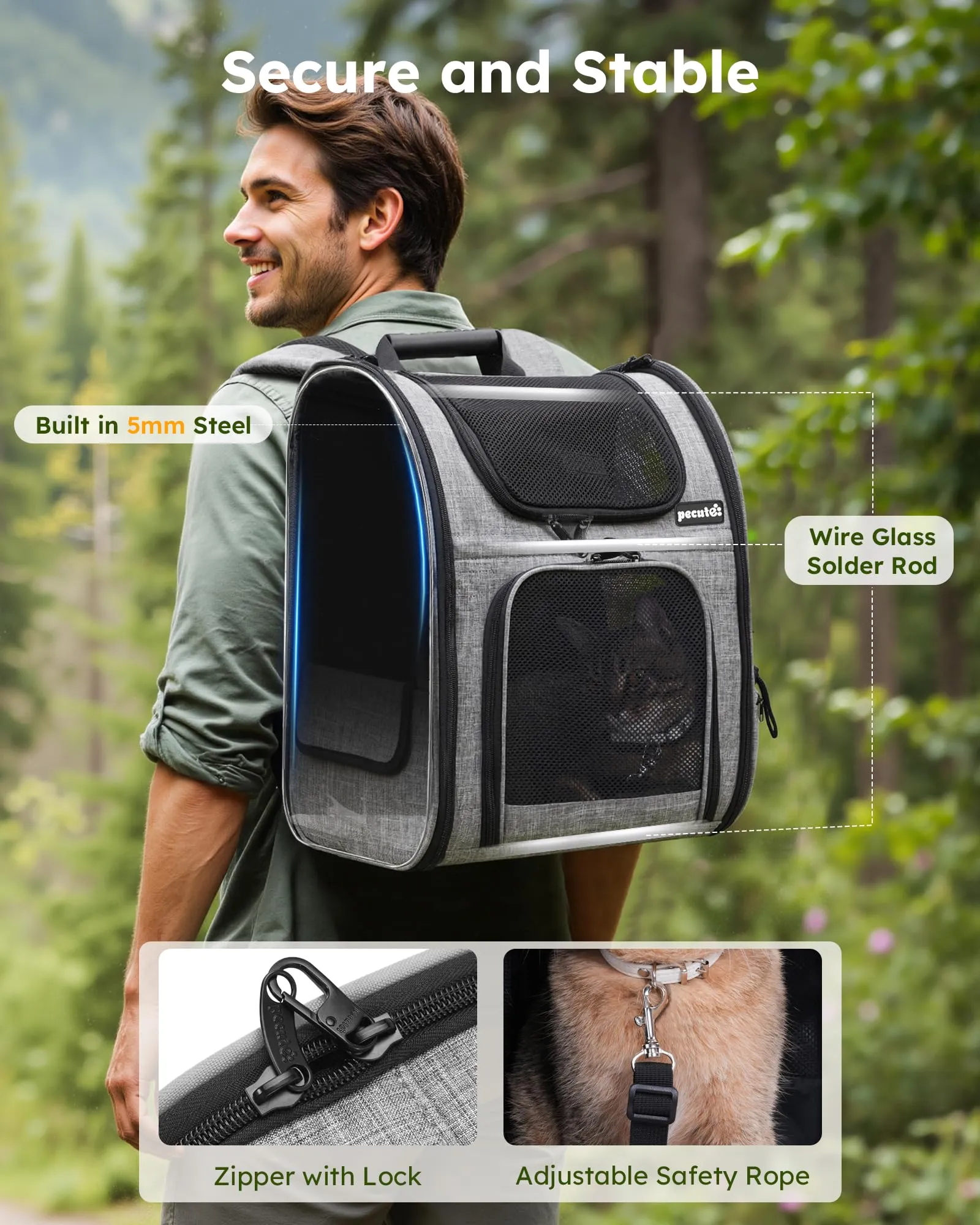 Pecute Zaino Trasportino per Cani e Gatti Traspirante con Tasche Frontali, Grigio - immagine 4