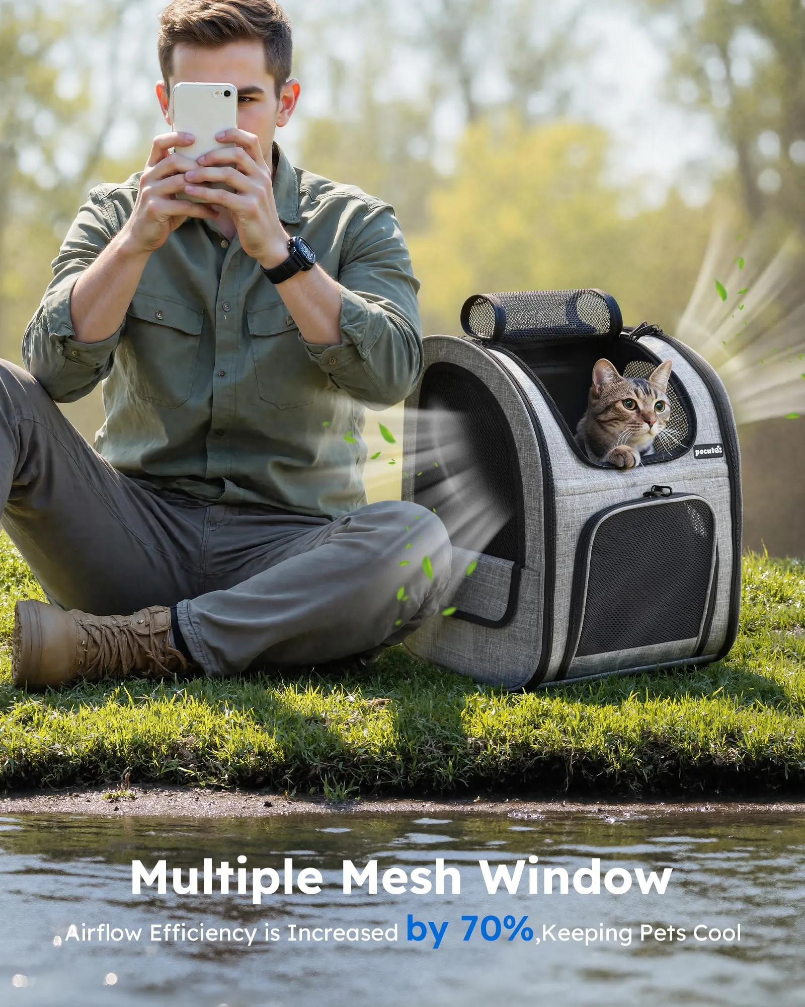 Pecute Zaino Trasportino per Cani e Gatti Traspirante con Tasche Frontali, Grigio - immagine 6