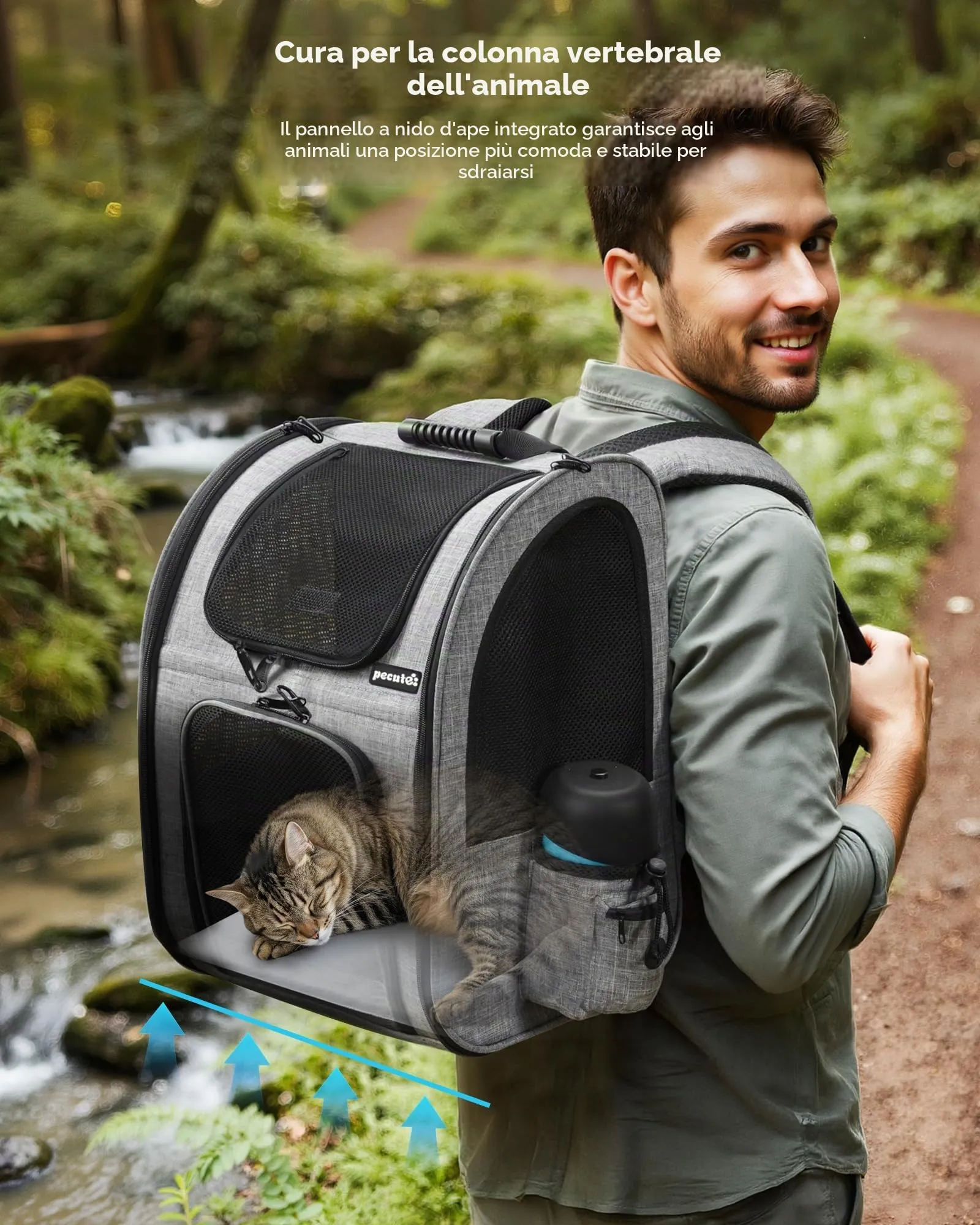 Pecute Zaino Trasportino per Cani e Gatti Traspirante con Tasche Frontali, Grigio - immagine 7
