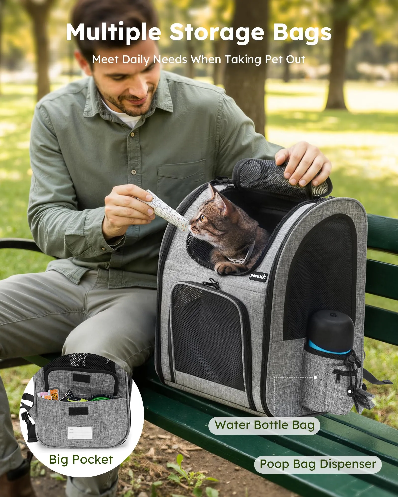 Pecute Zaino Trasportino per Cani e Gatti Traspirante con Tasche Frontali, Grigio - immagine 8