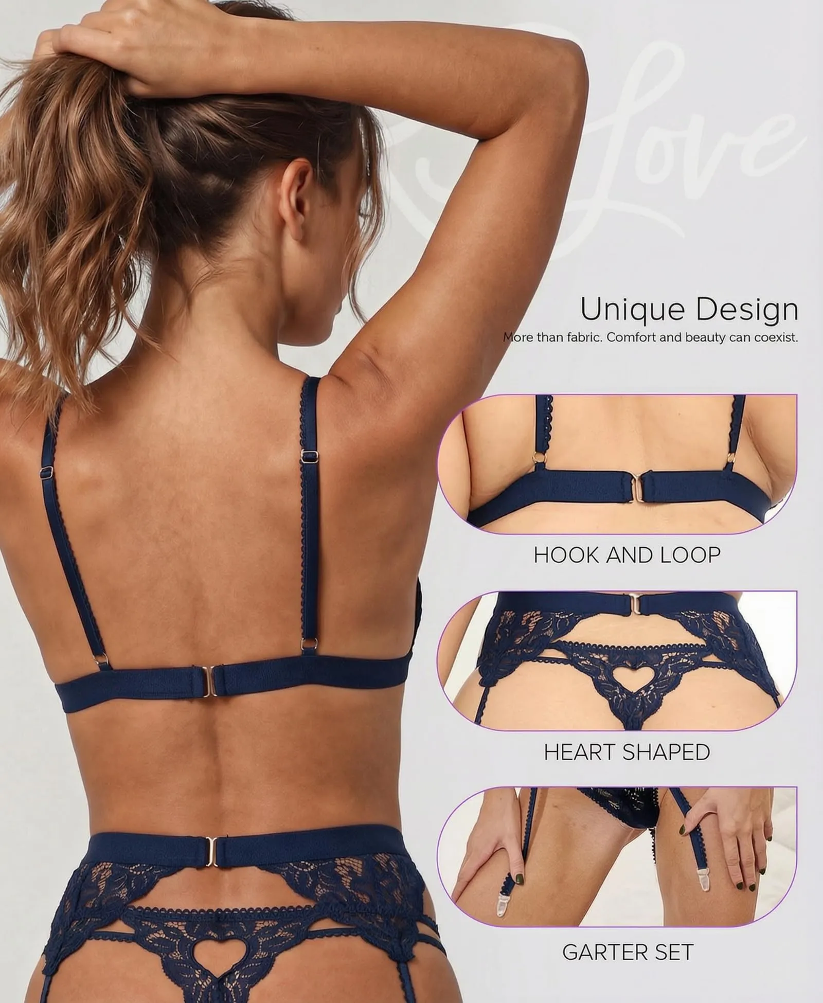 RSLOVE Set Lingerie in Pizzo 3 Pezzi con Reggicalze e Body Teddy, Profondo Blu, S - immagine 4
