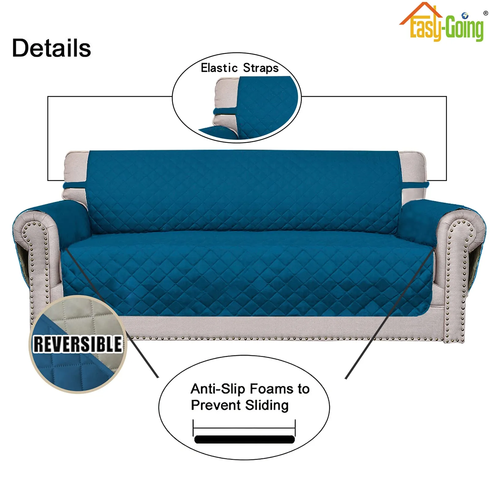 Easy-Going Copridivano per Sedia Sovrdimensionato, Resistente all'Acqua, Reversibile, Blu Pavone/Beige, 71,12 cm - immagine 3